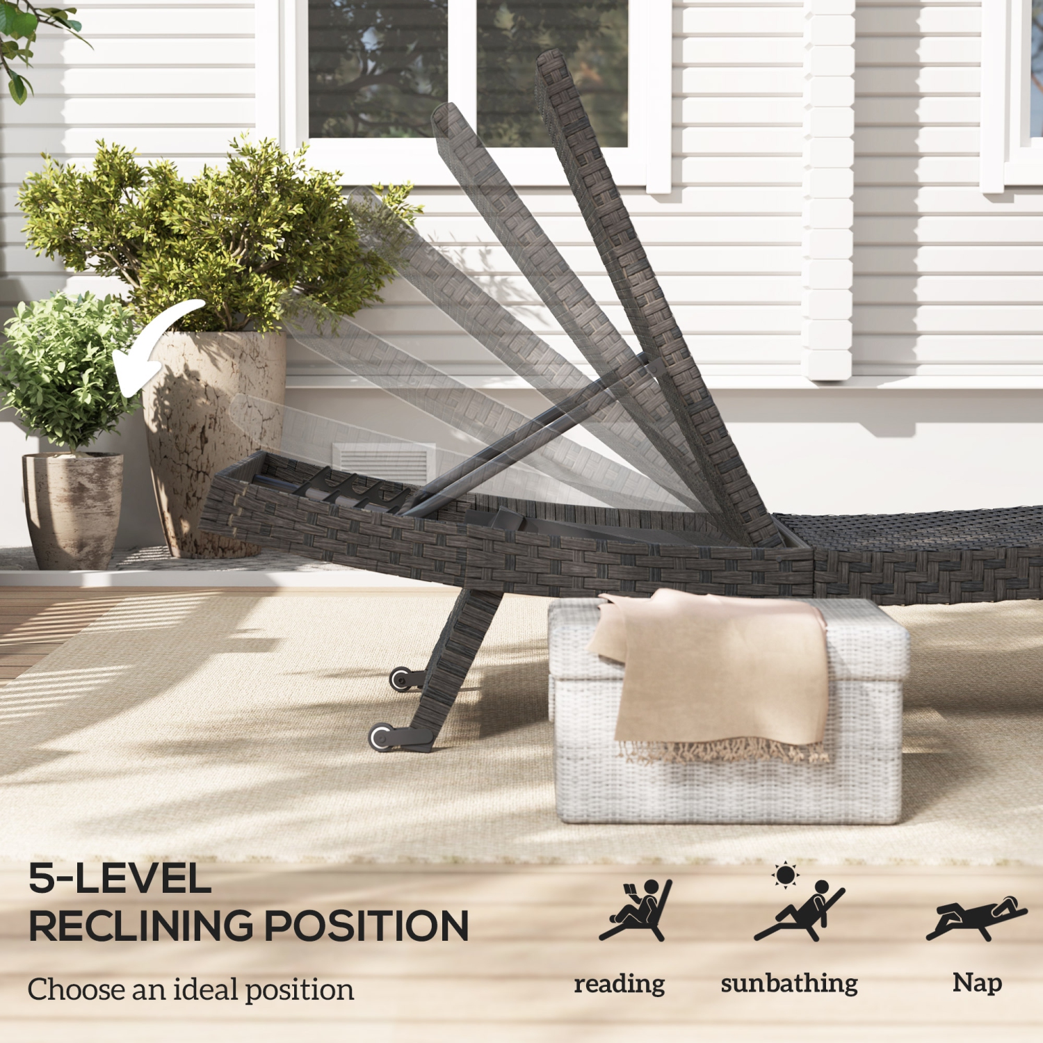 Outsunny PE Rattan Patio Lounger, Foldable Outdoor Lounge Chair with 5-Level Adjustable Backrest, Two Wheels, and Quick-Drying Foam, for Sun Room,