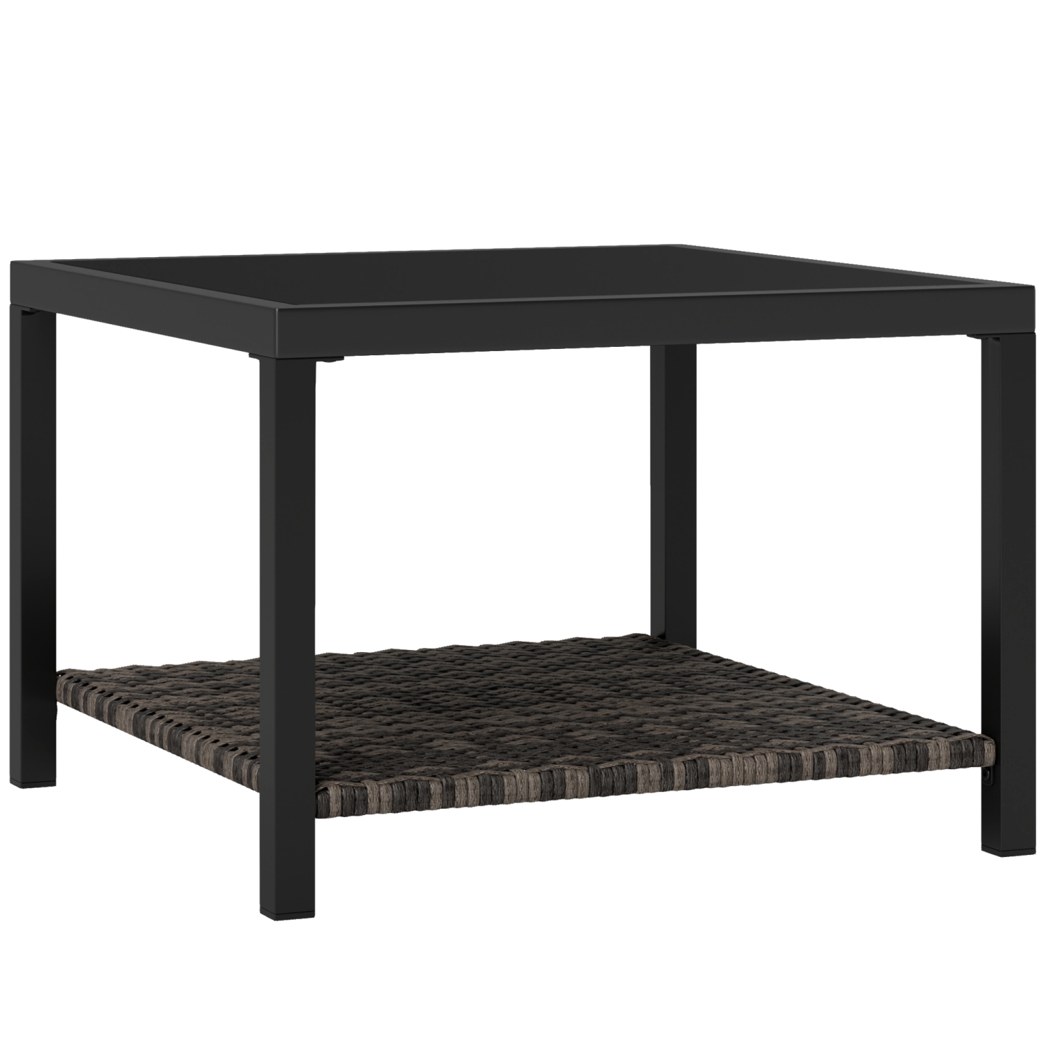 Outdoor Rattan Outdoor Coffee Table, 23.6" Square Patio End Table with Tempered Glass Tabletop, Storage Shelf, Steel Frame, Wicker Side Table for