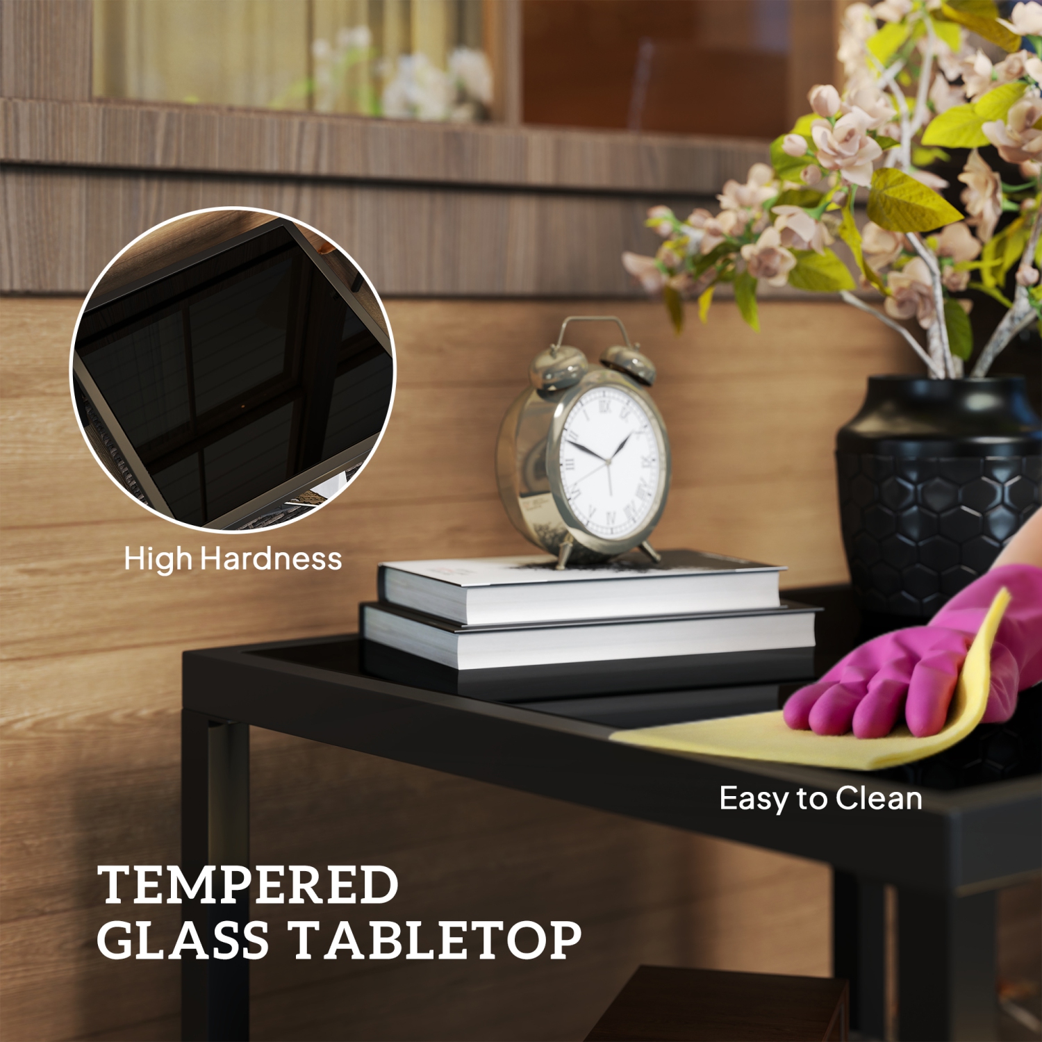 Outdoor Rattan Outdoor Coffee Table, 23.6" Square Patio End Table with Tempered Glass Tabletop, Storage Shelf, Steel Frame, Wicker Side Table for