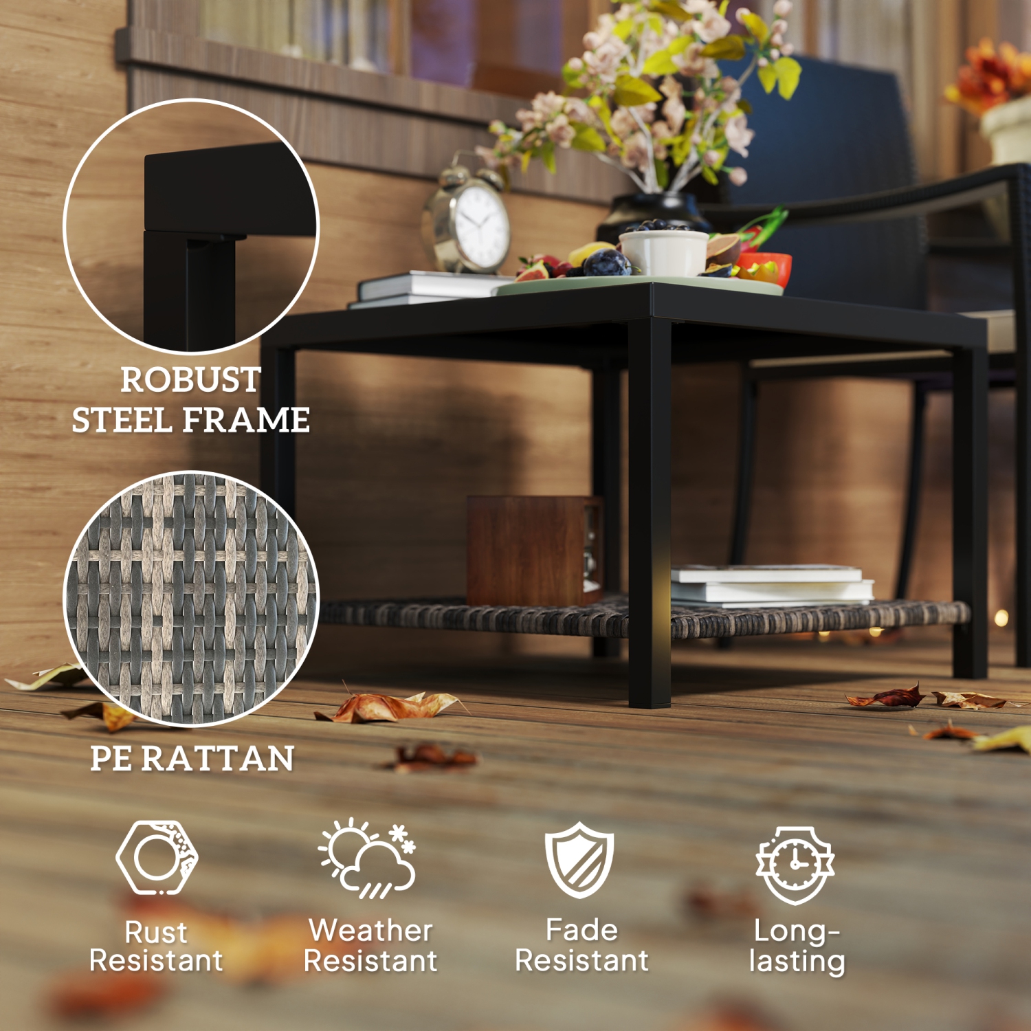 Outdoor Rattan Outdoor Coffee Table, 23.6" Square Patio End Table with Tempered Glass Tabletop, Storage Shelf, Steel Frame, Wicker Side Table for