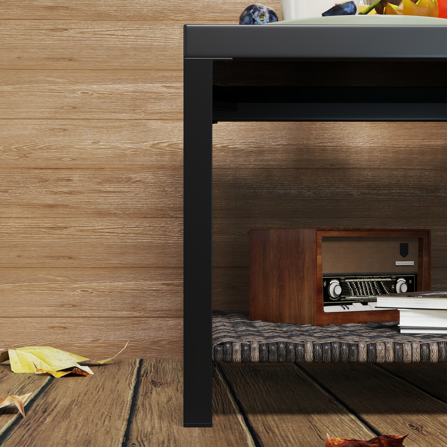 Outdoor Rattan Outdoor Coffee Table, 23.6" Square Patio End Table with Tempered Glass Tabletop, Storage Shelf, Steel Frame, Wicker Side Table for