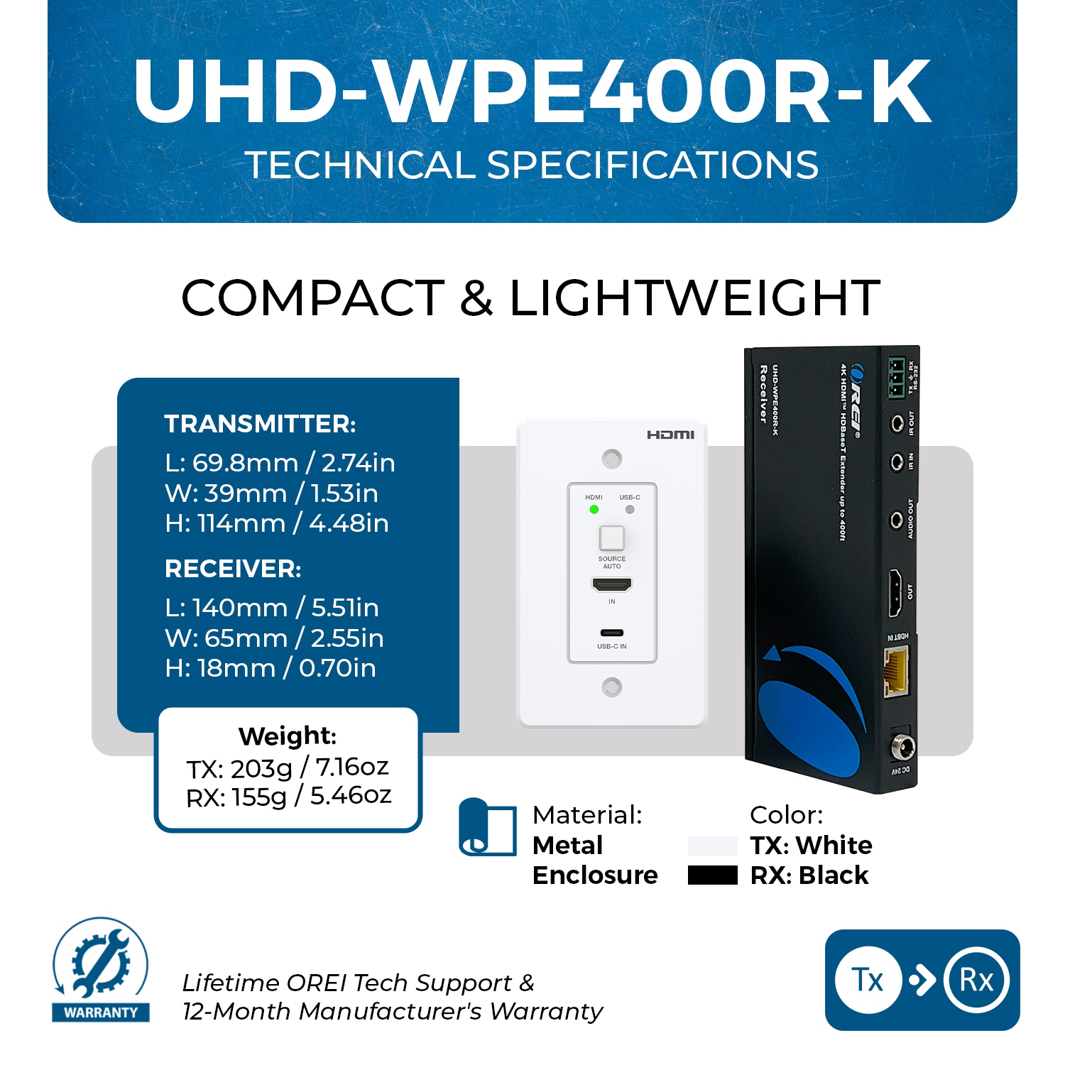 Prolongateur de plaque murale HDMI 4K sur CAT 6/7 jusqu'à 400 pi avec HDBaseT