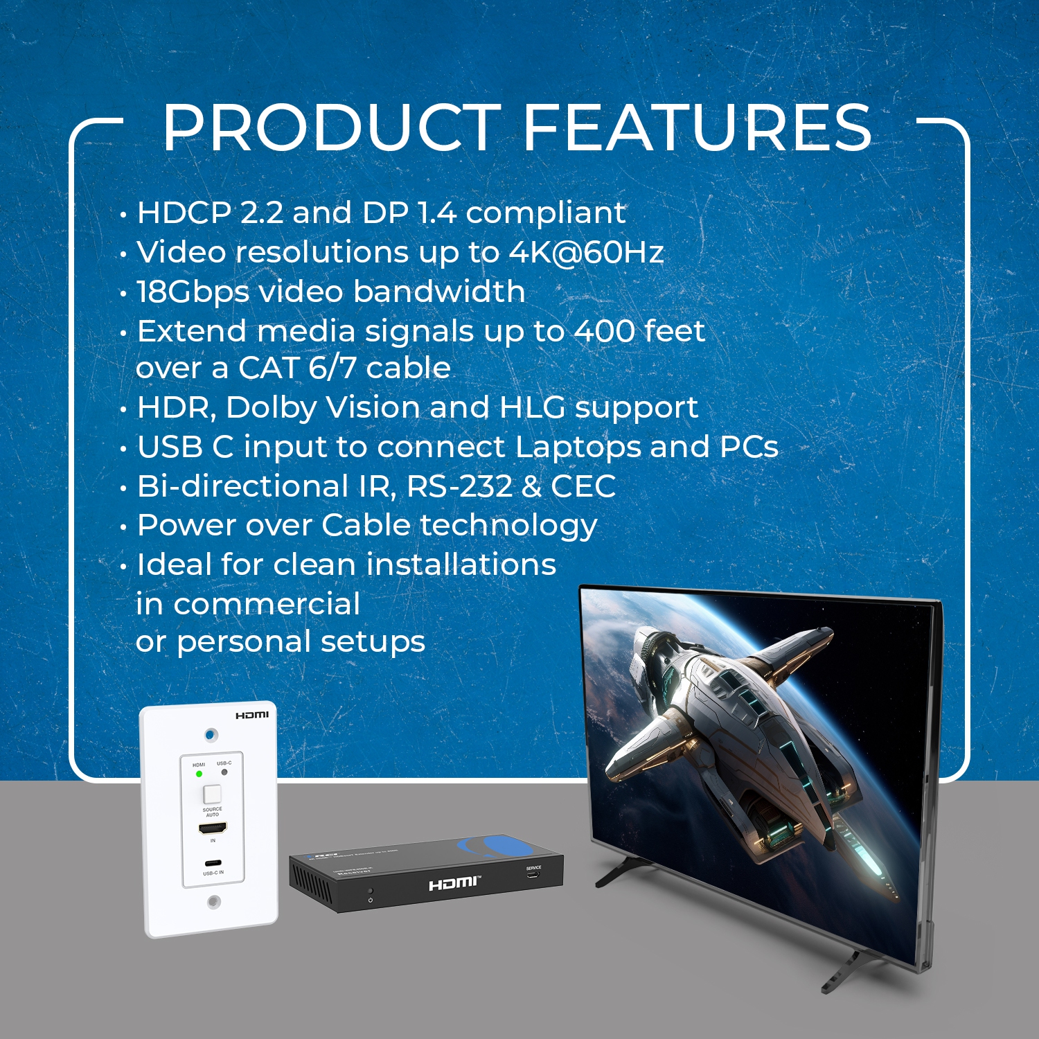 Prolongateur de plaque murale HDMI 4K sur CAT 6/7 jusqu'à 400 pi avec HDBaseT