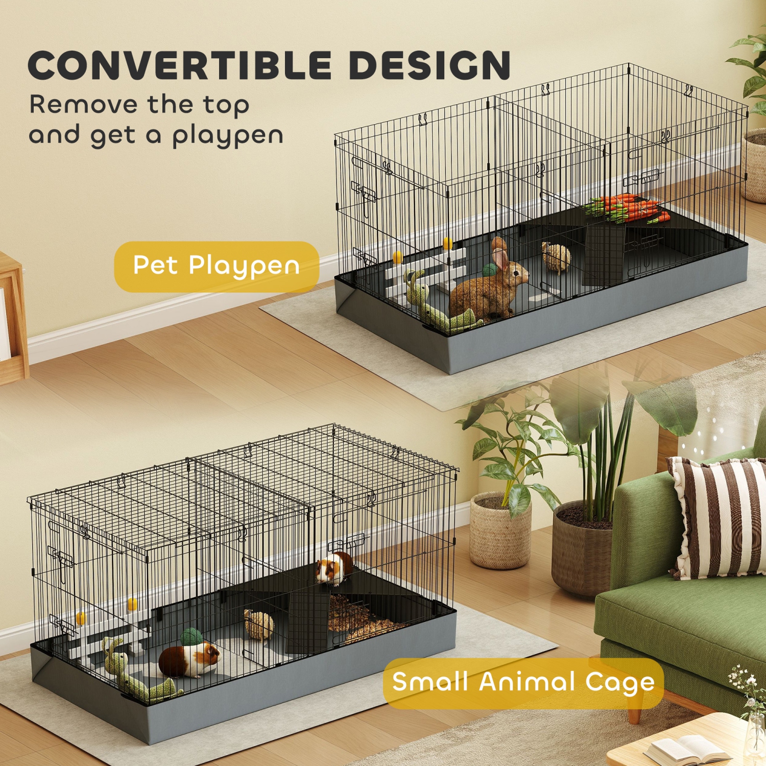 PawHut Guinea Pig Cage, Rabbit Cage Bunny Enclosure Small Animal Playpen with Removable Top, Separate Areas, Waterproof Bottom Liner, Ramp, Perch,