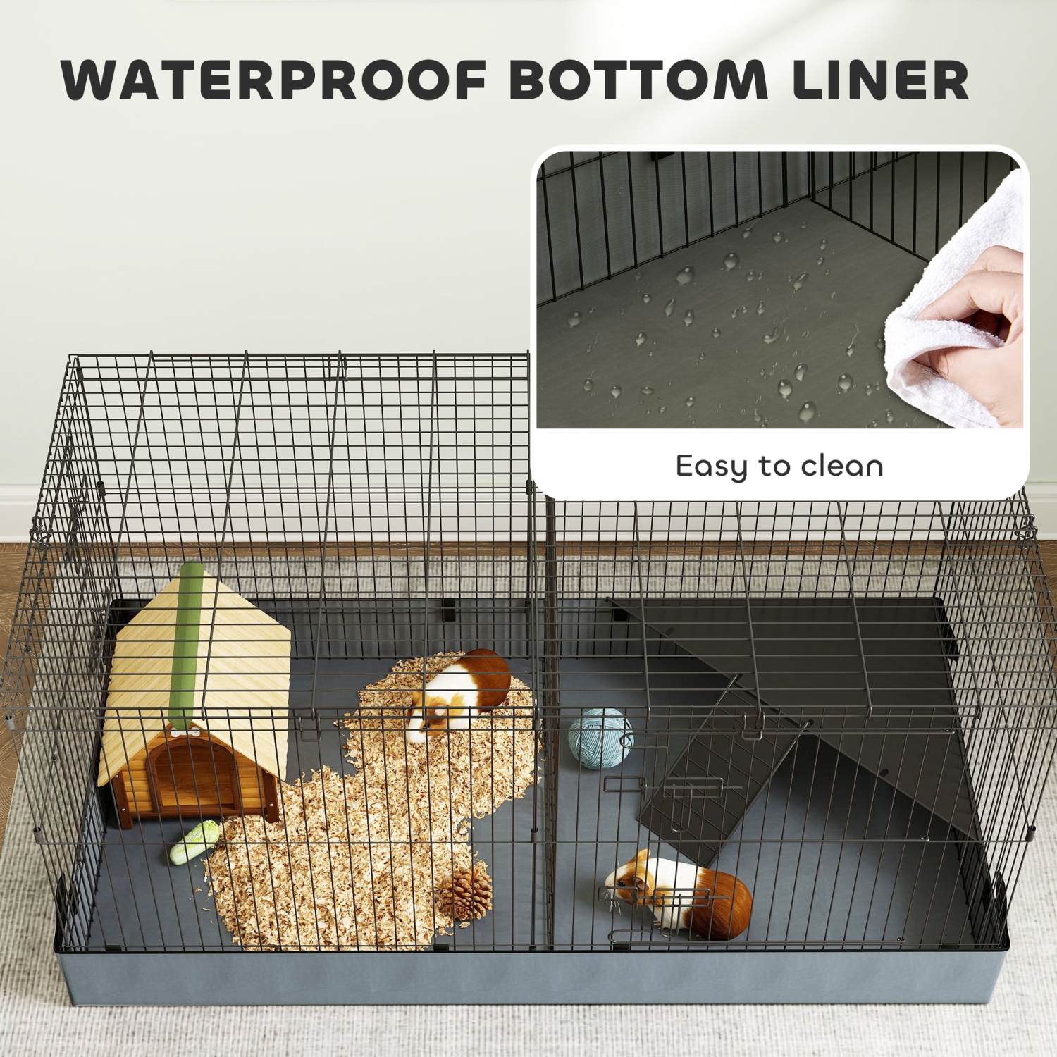 PawHut Guinea Pig Cage, Rabbit Cage Bunny Enclosure Small Animal Playpen with Removable Top, Separate Areas, Waterproof Bottom Liner, Ramp, Perch,