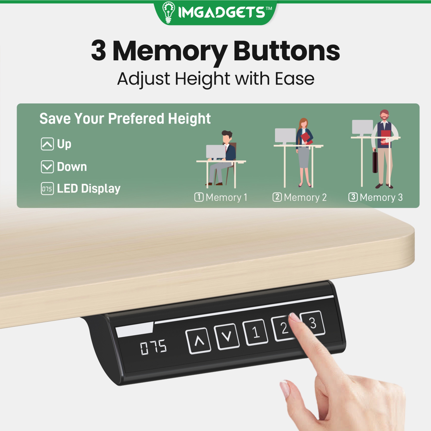 Bureau debout électrique à hauteur réglable avec surface de 47 x 24&nbsp;po d'IMGadgets| Idéal pour le bureau à domicile | 3 préréglages de mémoire,