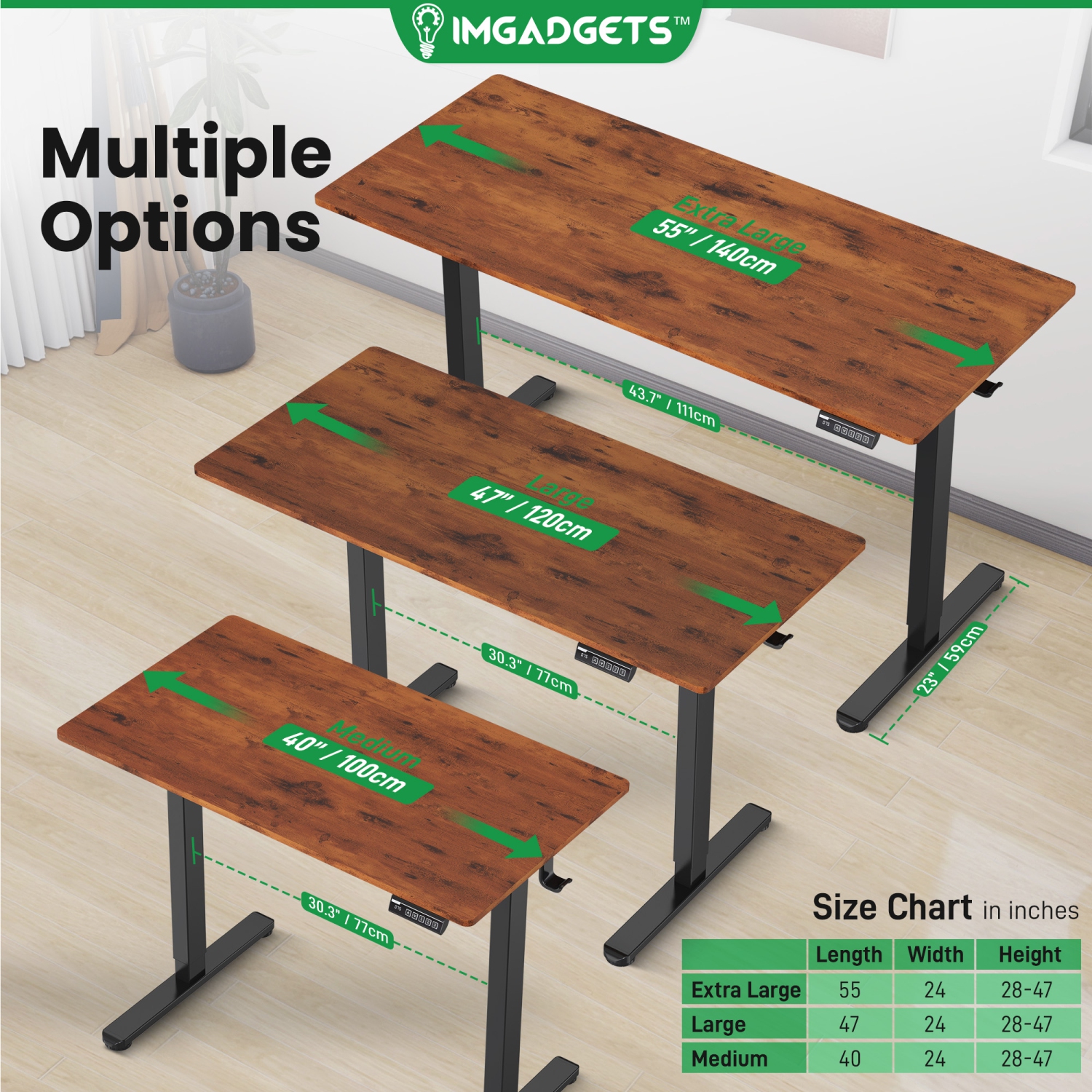 Bureau assis/debout électrique d'IMGadgets | Surface de 47 x 24 po avec 2 crochets | Bureau assis/debout ergonomique | 3 mémoires de réglages |