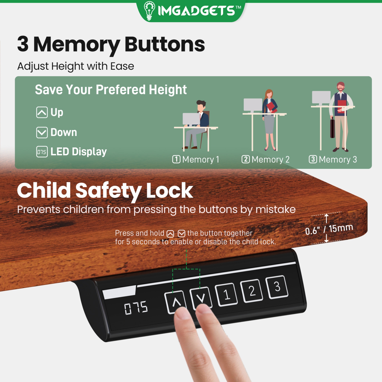 Bureau assis/debout électrique d'IMGadgets | Surface de 40 x 24 po avec 2 crochets | Bureau assis/debout ergonomique | 3 mémoires de réglages |