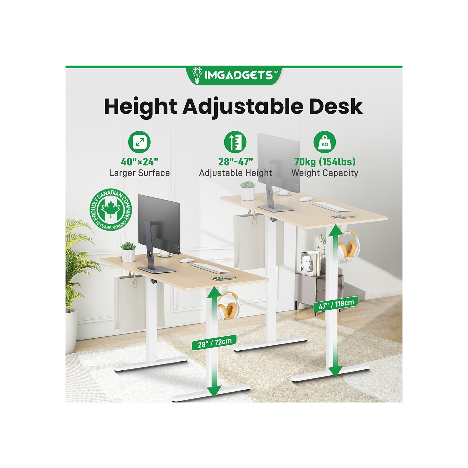 IMGadgets Standing Electric Adjustable Desk | 40'' x 24'' Large Workspace with 2 hooks | Ergonomic Sit-Stand Desk | 3-Memory Settings | Height