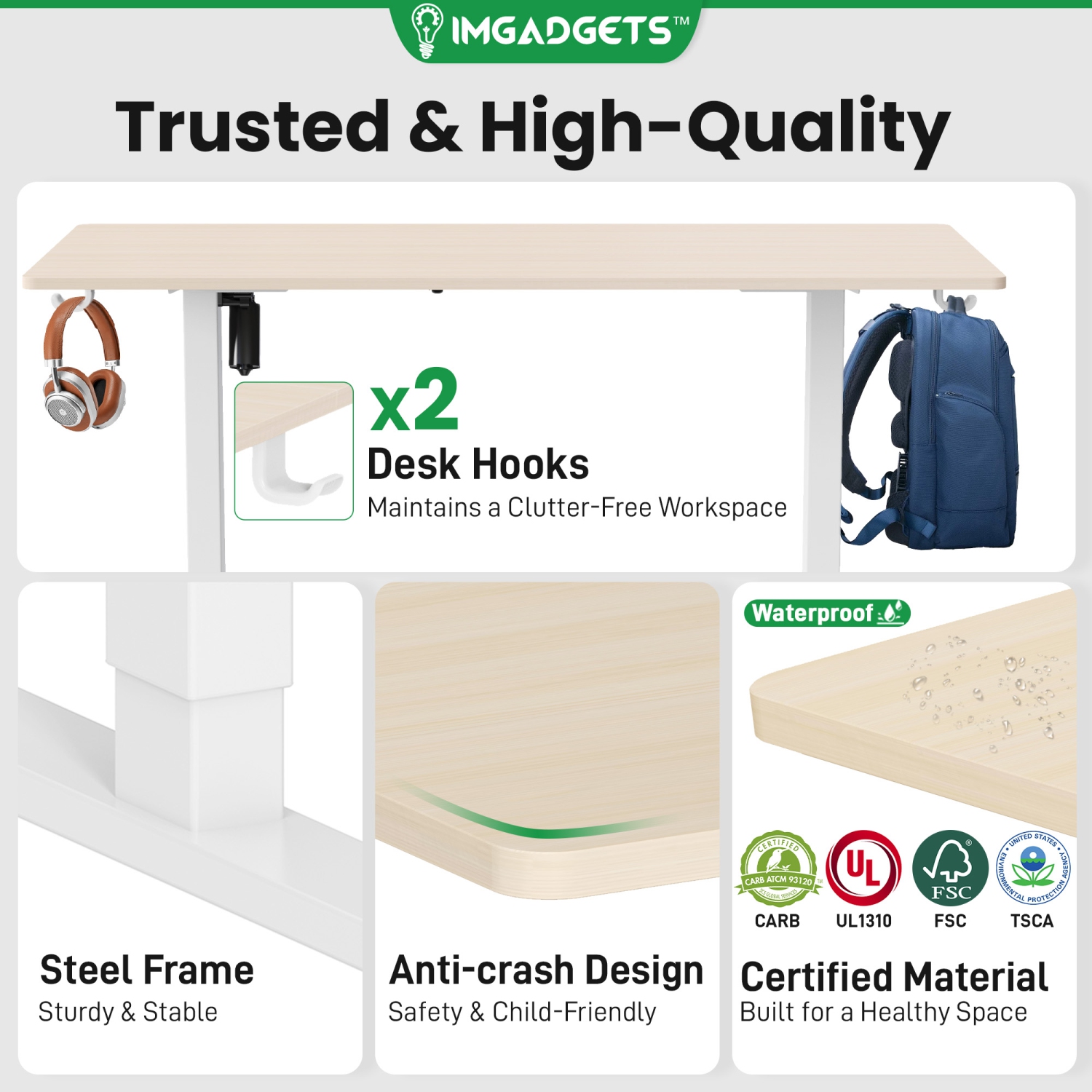 IMGadgets Standing Electric Adjustable Desk | 40'' x 24'' Large Workspace with 2 hooks | Ergonomic Sit-Stand Desk | 3-Memory Settings | Height
