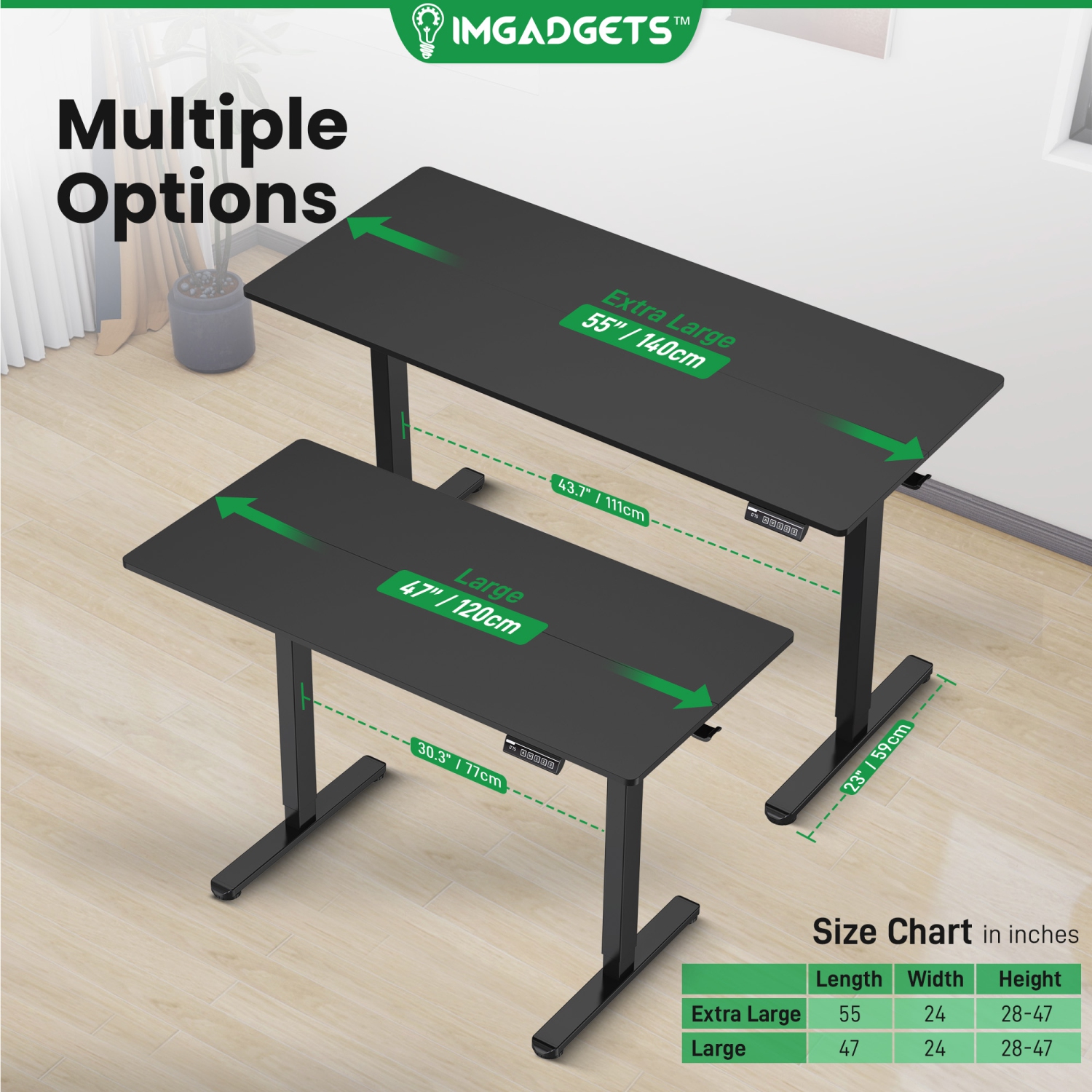 Bureau assis/debout électrique d'IMGadgets | Surface de 47 x 24 po avec 2 crochets | Bureau assis/debout ergonomique | 3 mémoires de réglages |