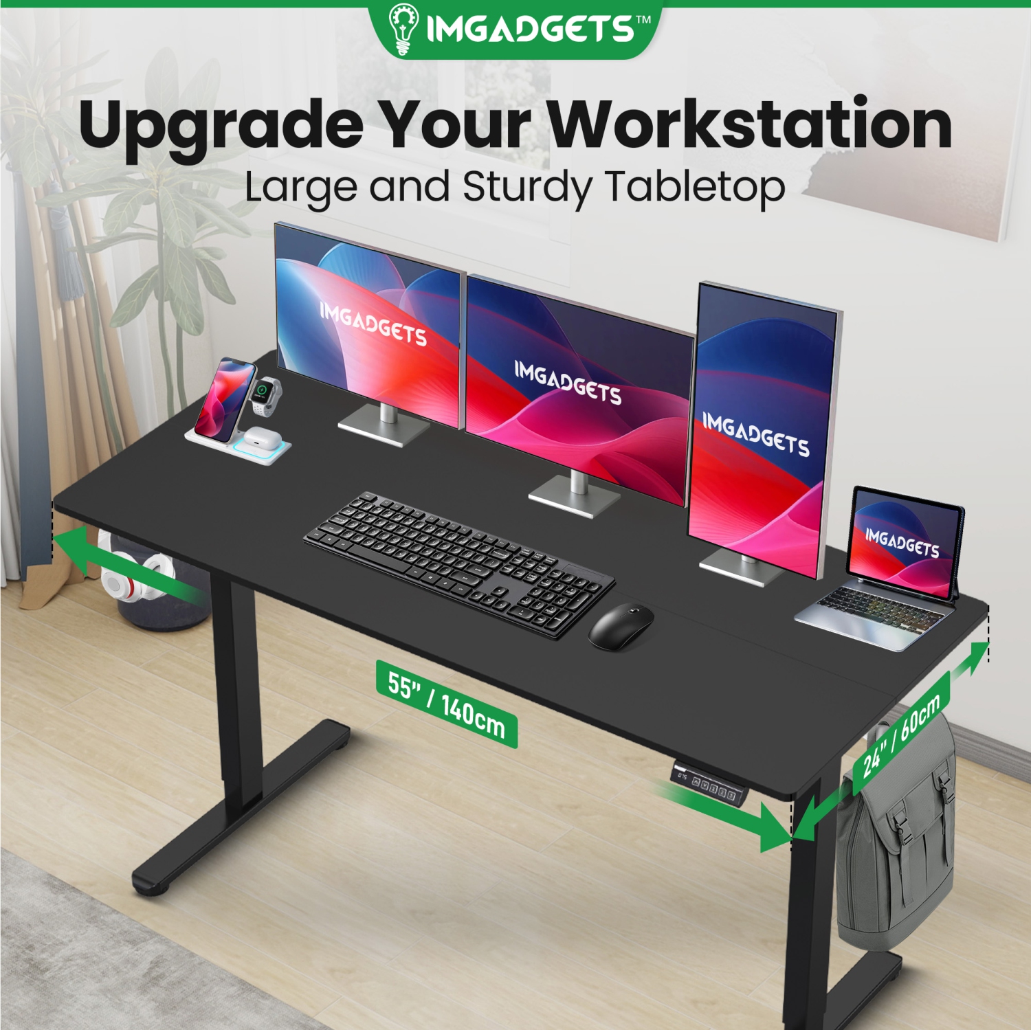 IMGadgets Standing Electric Adjustable Desk | 55'' x 24'' Large Workspace with 2 hooks | Ergonomic Sit-Stand Desk | 3-Memory Settings | Height