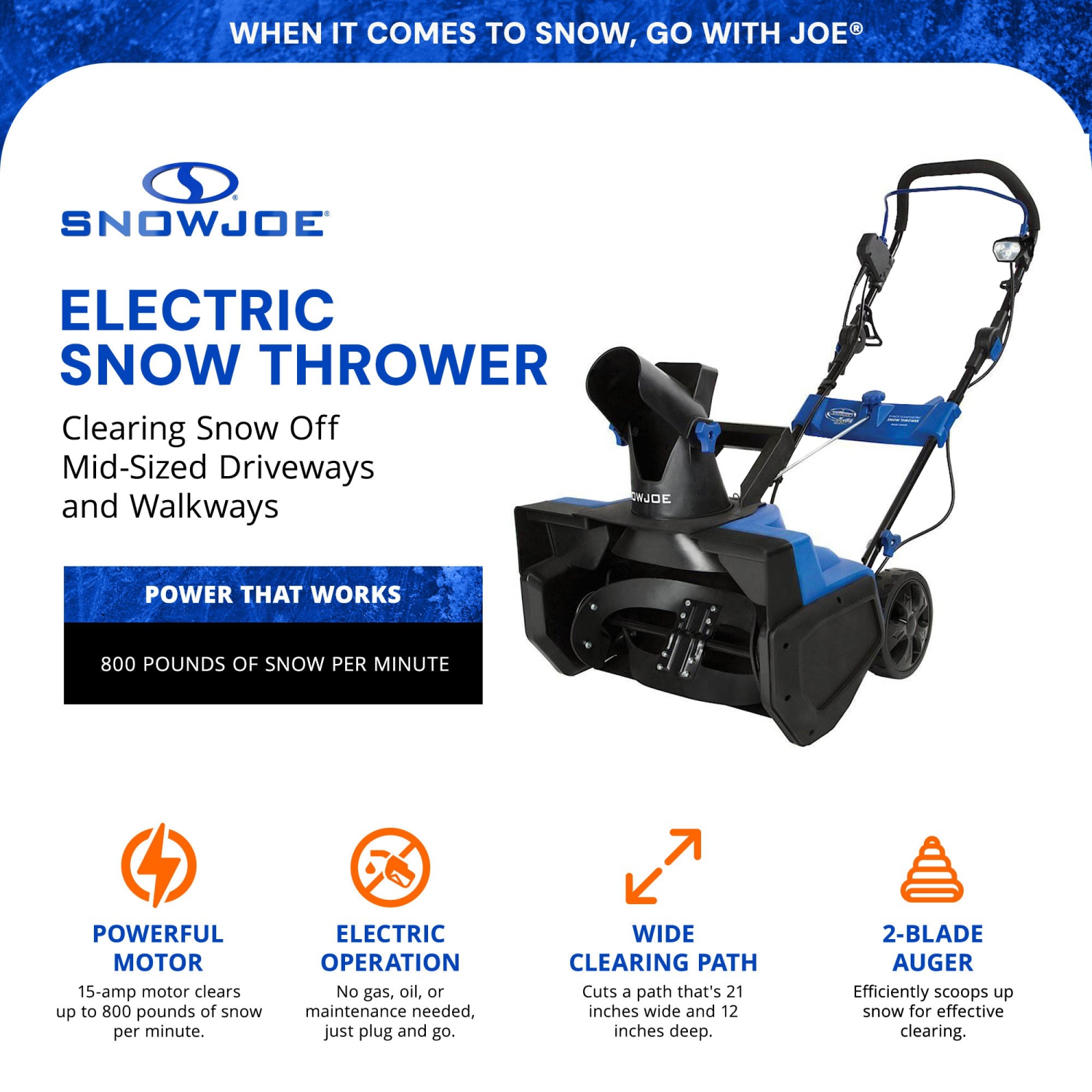 Snow Joe Ultra 15 Amp Electric Snow Blower with 2 Blade Auger, 21 Inch Wide