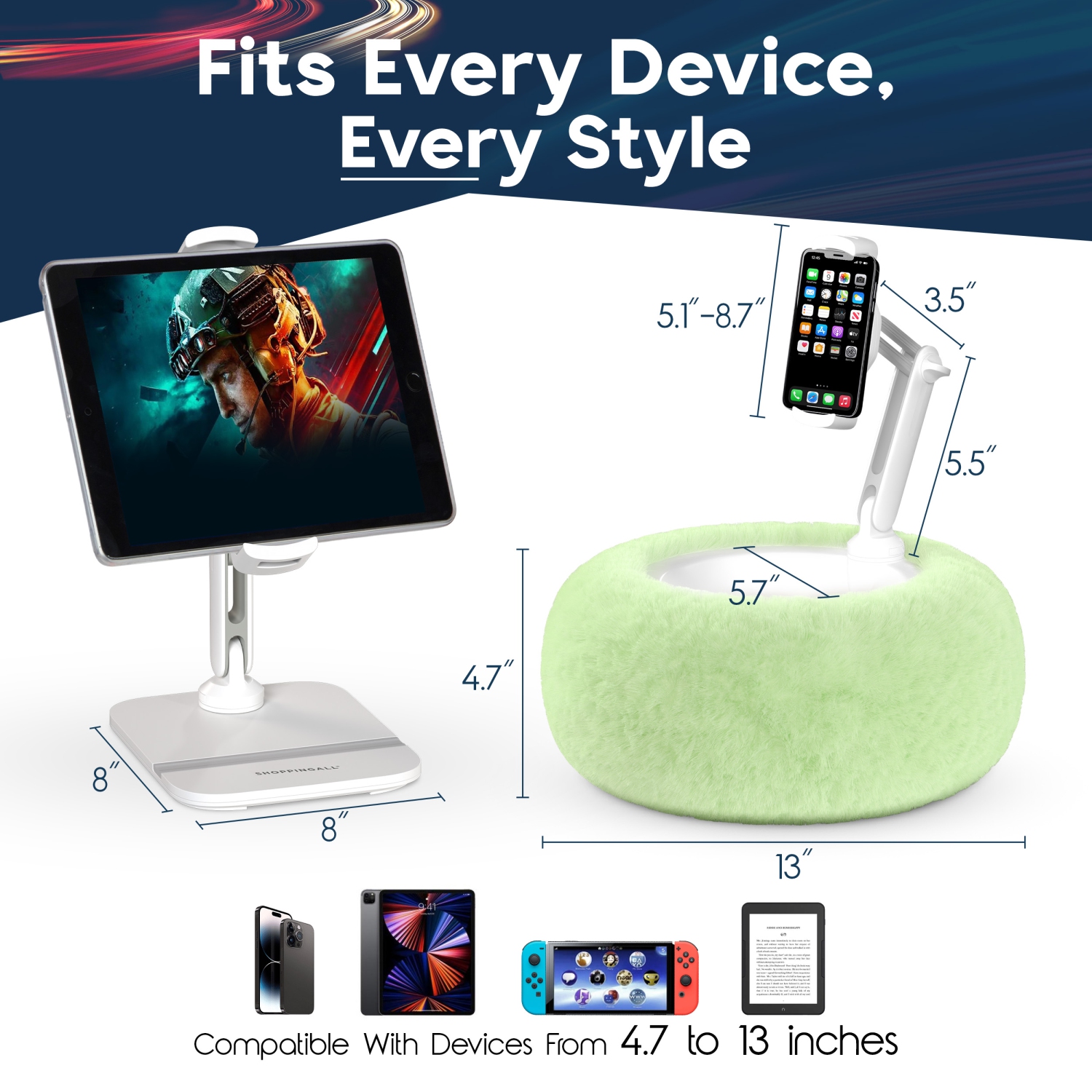 Porte-oreiller 2-en-1 de SHOPPINGALL pour téléphone/tablette/iPad/Kindle de 4,7 à 13&nbsp;po, support réglable à 360° pour lit avec coussin en tissu