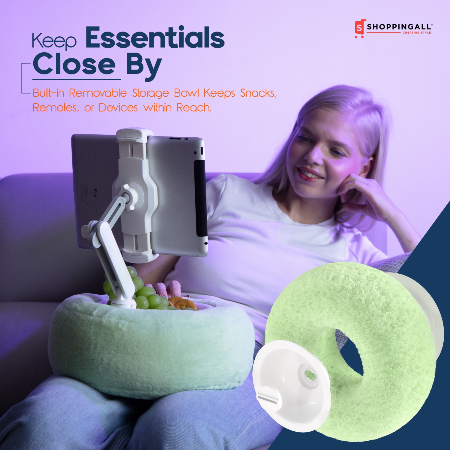 Porte-oreiller 2-en-1 de SHOPPINGALL pour téléphone/tablette/iPad/Kindle de 4,7 à 13&nbsp;po, support réglable à 360° pour lit avec coussin en tissu