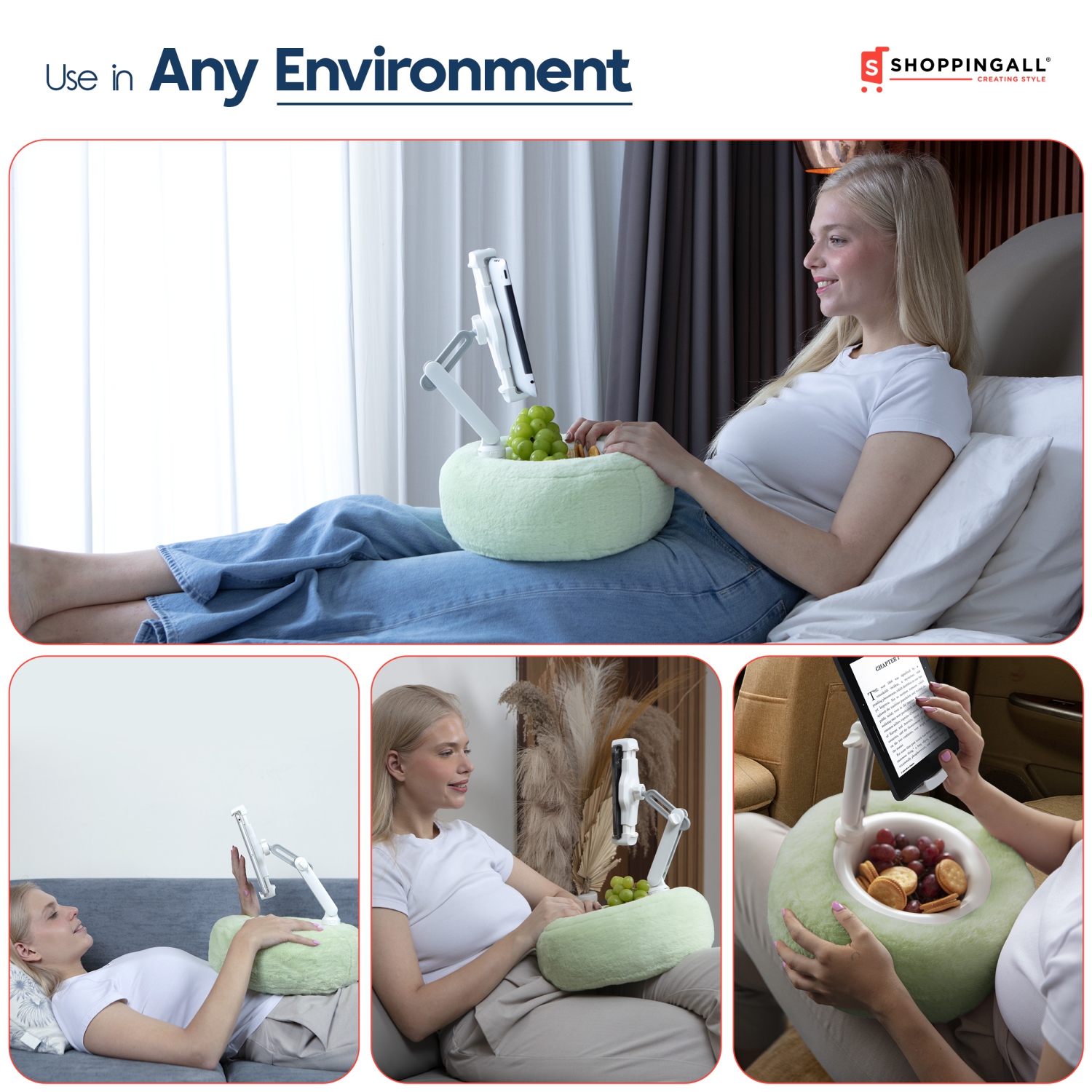 Porte-oreiller 2-en-1 de SHOPPINGALL pour téléphone/tablette/iPad/Kindle de 4,7 à 13&nbsp;po, support réglable à 360° pour lit avec coussin en tissu