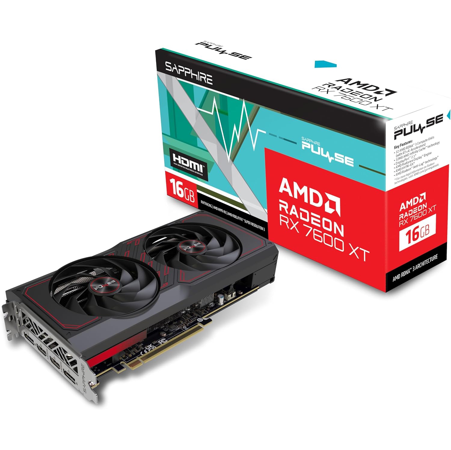 Sapphire 11339-04-20G Pulse AMD Radeon RX 7600 XT Gaming Graphics Card with 16GB GDDR6, AMD RDNA 3