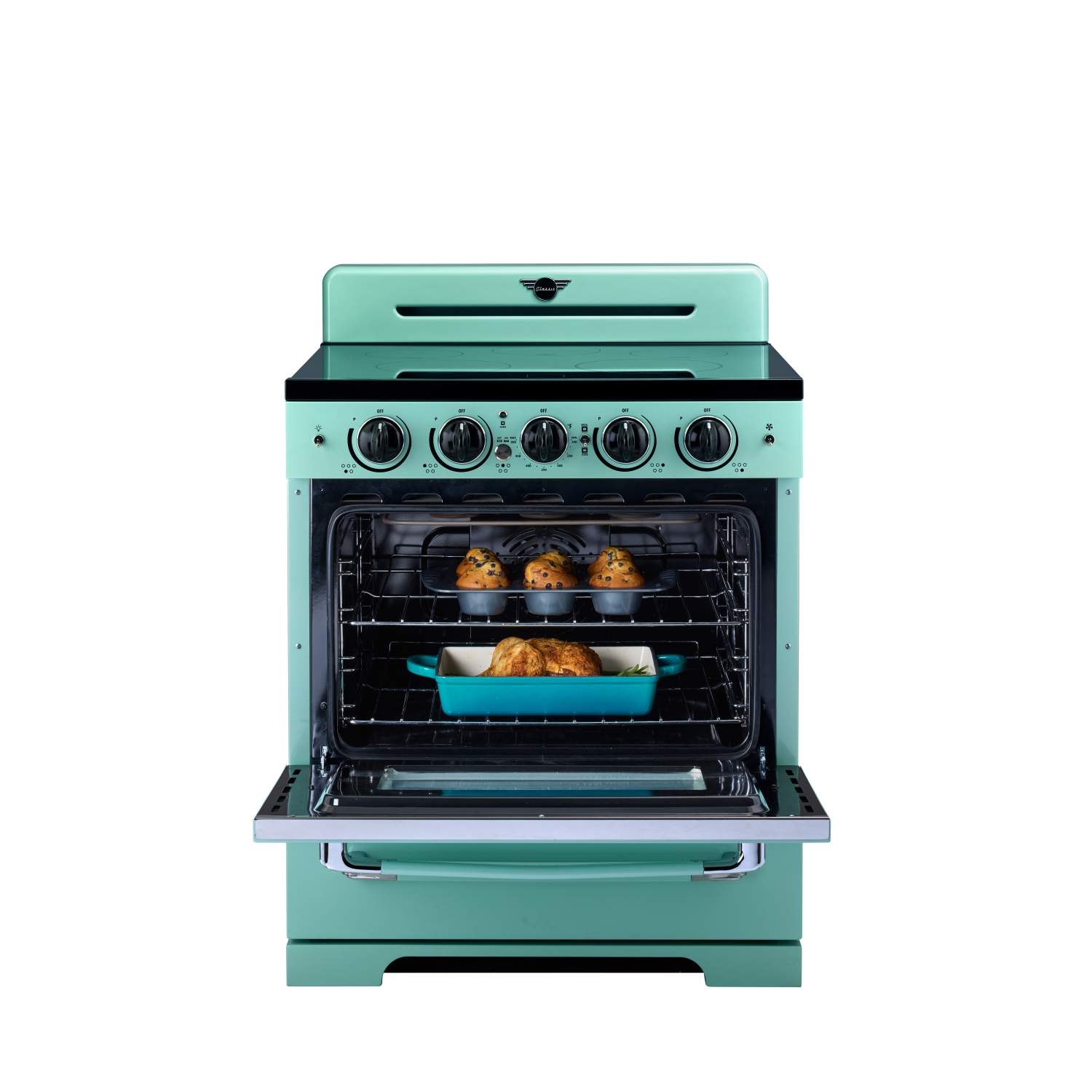Électroménagers uniques - 3,9 pi3 Classic Retro avec Cuisinière à induction autonome avec friture à air chaud - Turquoise océan