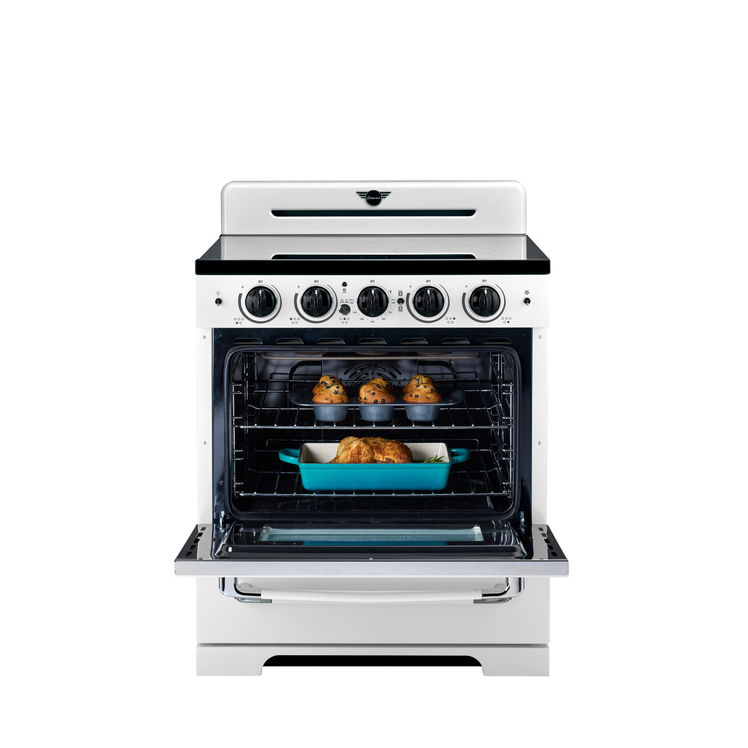 Électroménagers uniques - 3,9 pi3 Classic Retro avec Cuisinière à induction autonome avec friture à air chaud – Blanc guimauve