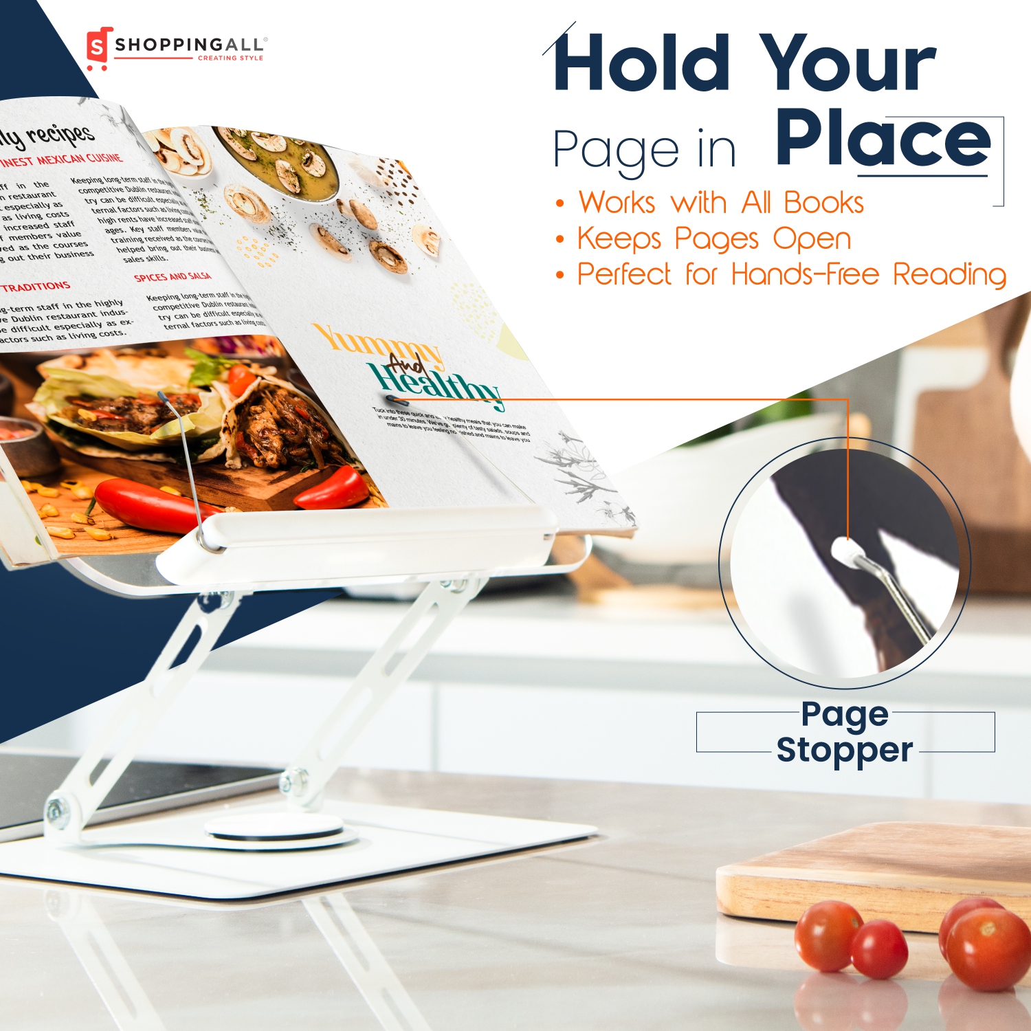 SHOPPINGALL Acrylic Book Riser for Reading, Book Holder with 360° Rotating Base, Elastic Book Clips, Multi-Purpose Stand for Recipe, Cookbook,