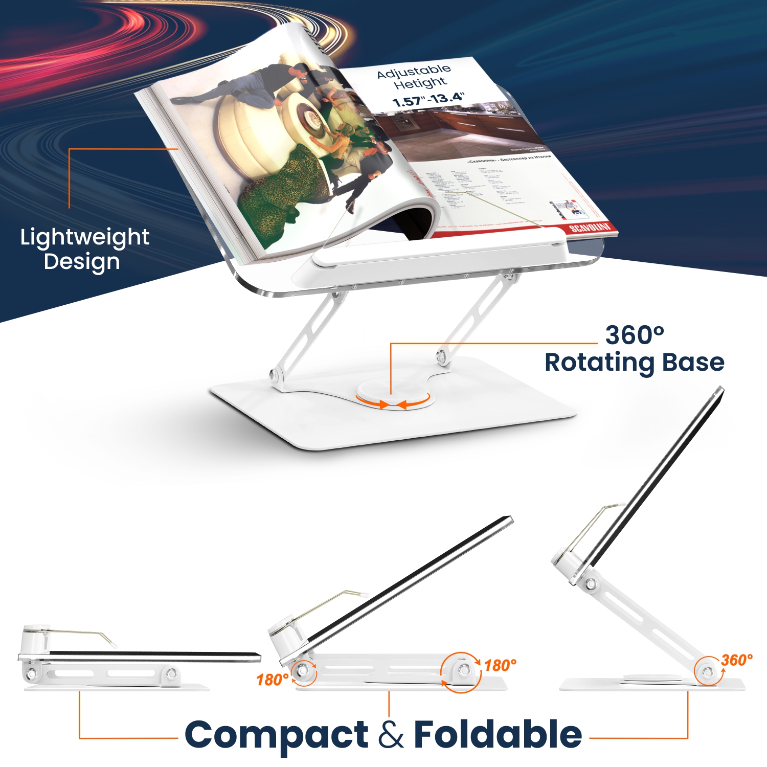 SHOPPINGALL Acrylic Book Riser for Reading, Book Holder with 360° Rotating Base, Elastic Book Clips, Multi-Purpose Stand for Recipe, Cookbook,