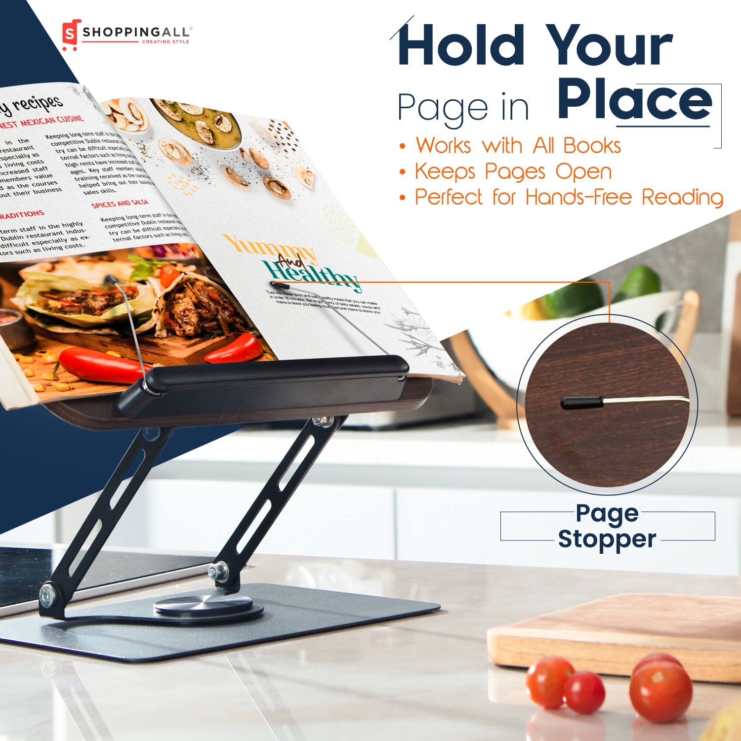 Support de lecture de SHOPPINGALL, support de livre avec base rotative à 360°, pinces élastiques, support d'affichage tout usage pour recettes, livre