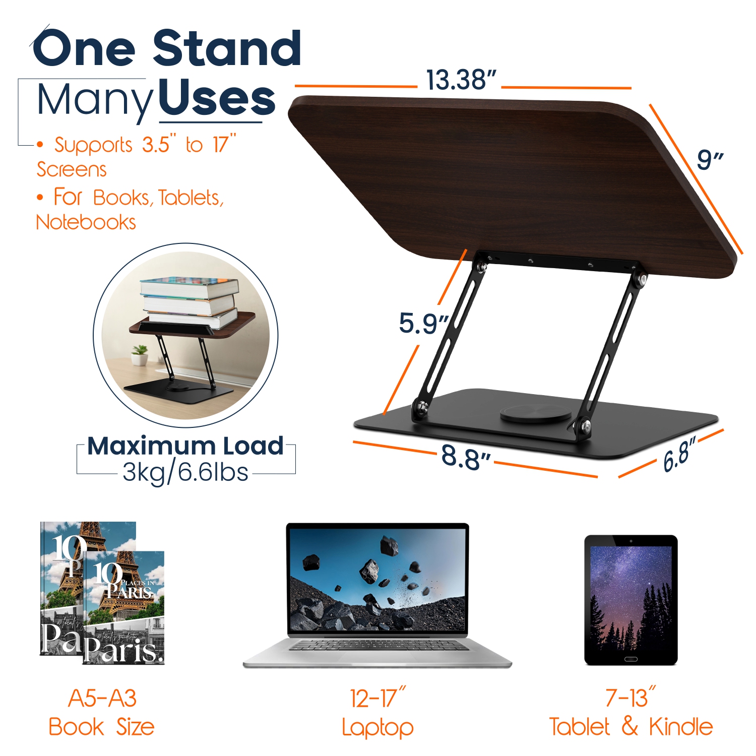 Support de lecture de SHOPPINGALL, support de livre avec base rotative à 360°, pinces élastiques, support d'affichage tout usage pour recettes, livre