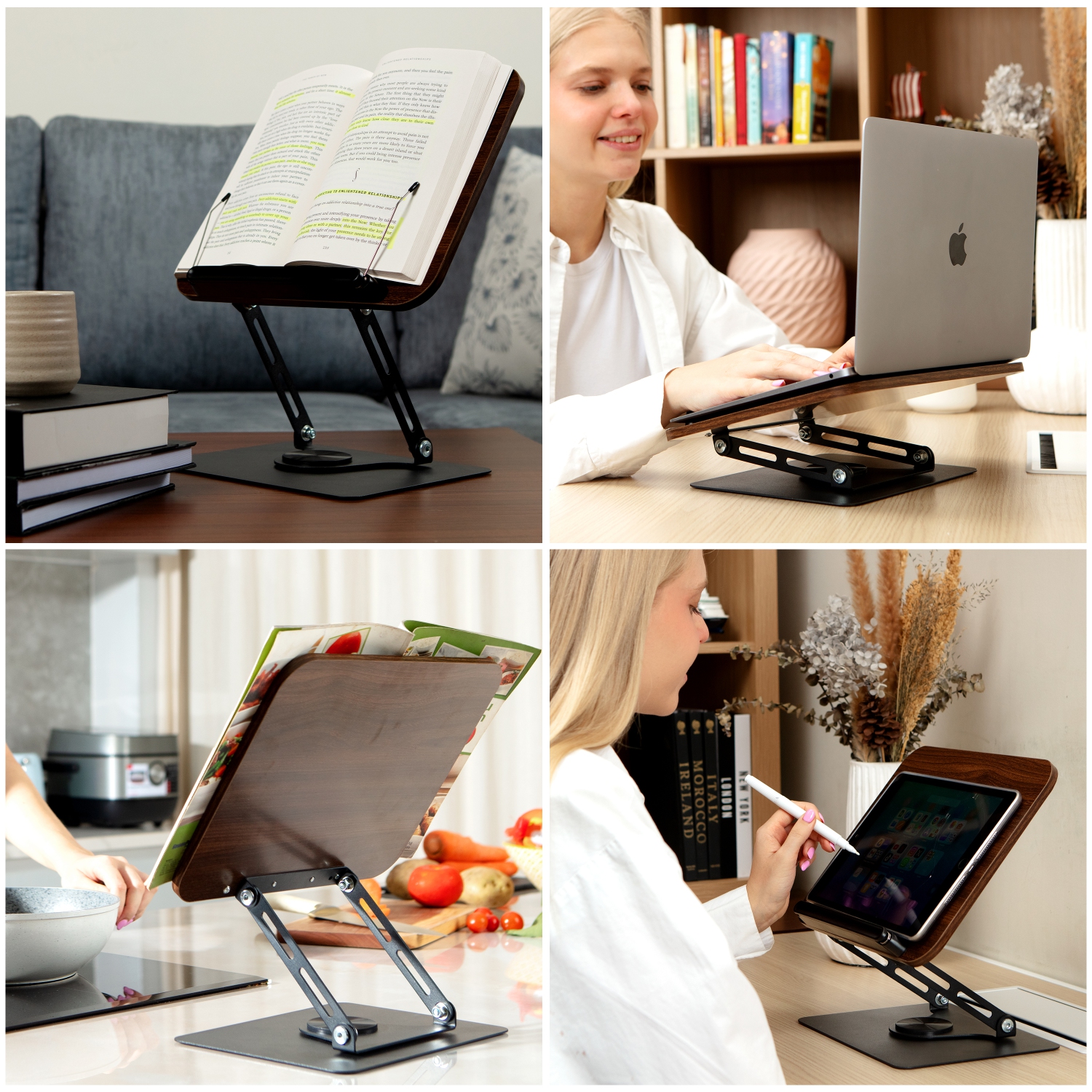 Support de lecture de SHOPPINGALL, support de livre avec base rotative à 360°, pinces élastiques, support d'affichage tout usage pour recettes, livre