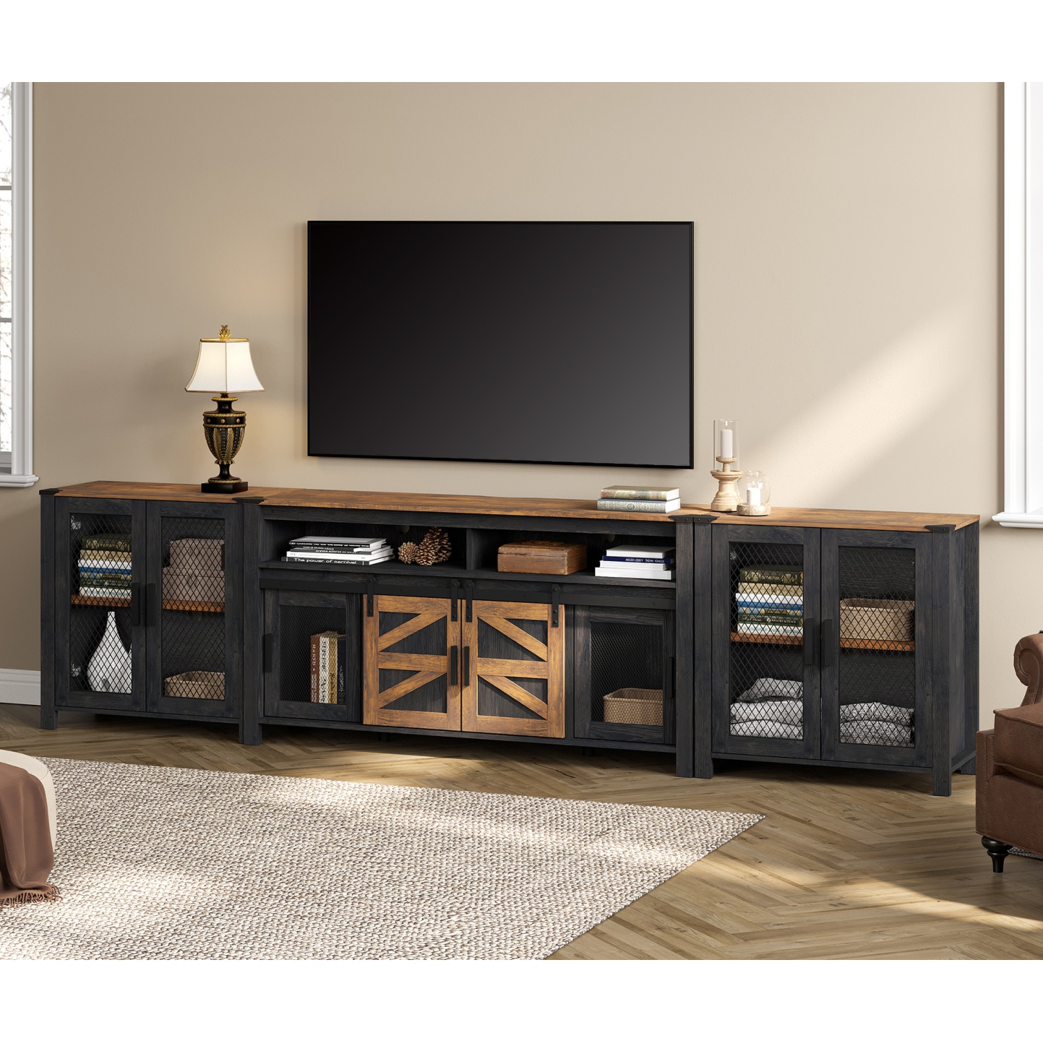 WAMPAT Living Room Set of TV Stand and Sideboard for 100 inch,Door Storage Cabinet,Farmhouse Storage Units with Open and Adjustable Shelf,Dark Walnut