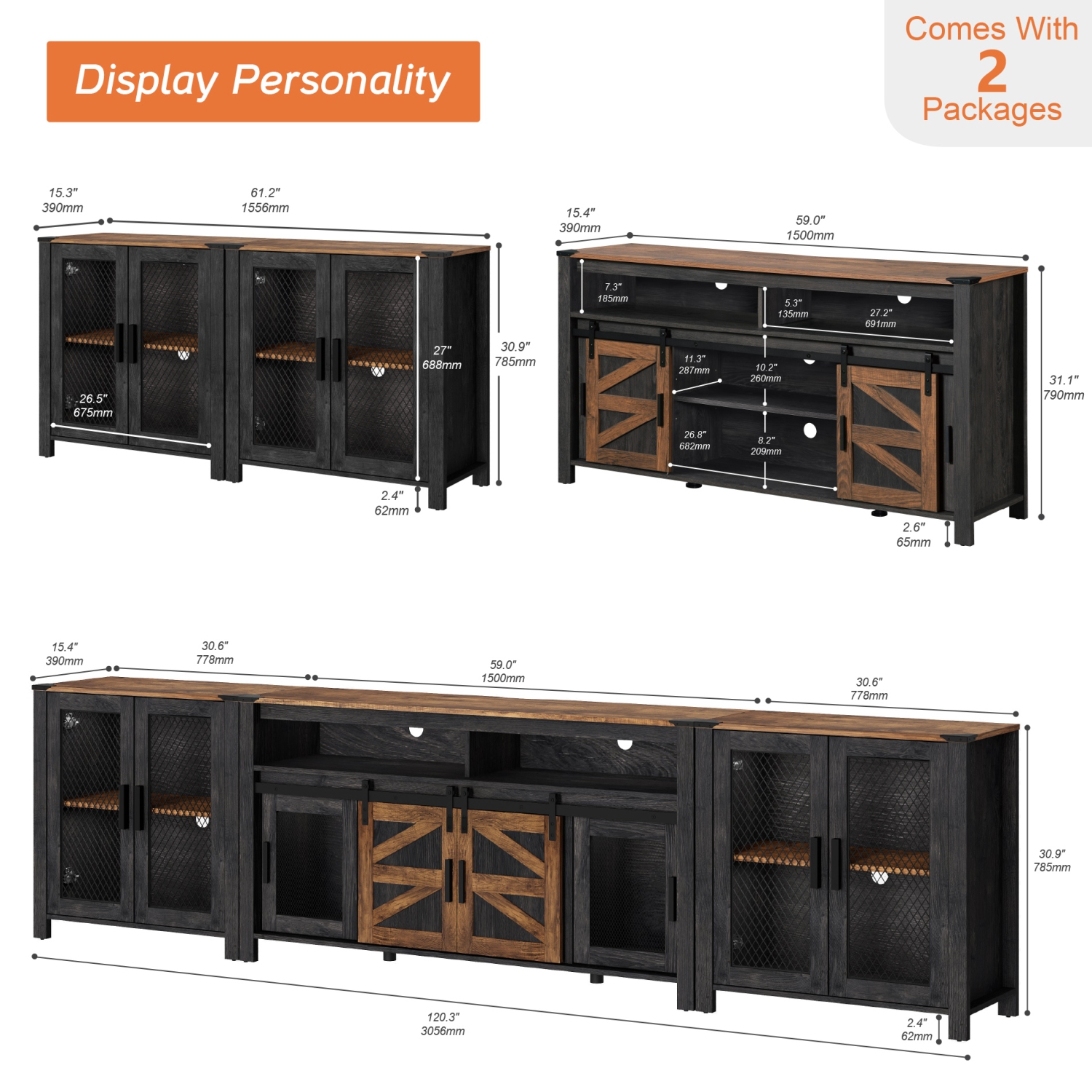 WAMPAT Living Room Set of TV Stand and Sideboard for 100 inch,Door Storage Cabinet,Farmhouse Storage Units with Open and Adjustable Shelf,Dark Walnut