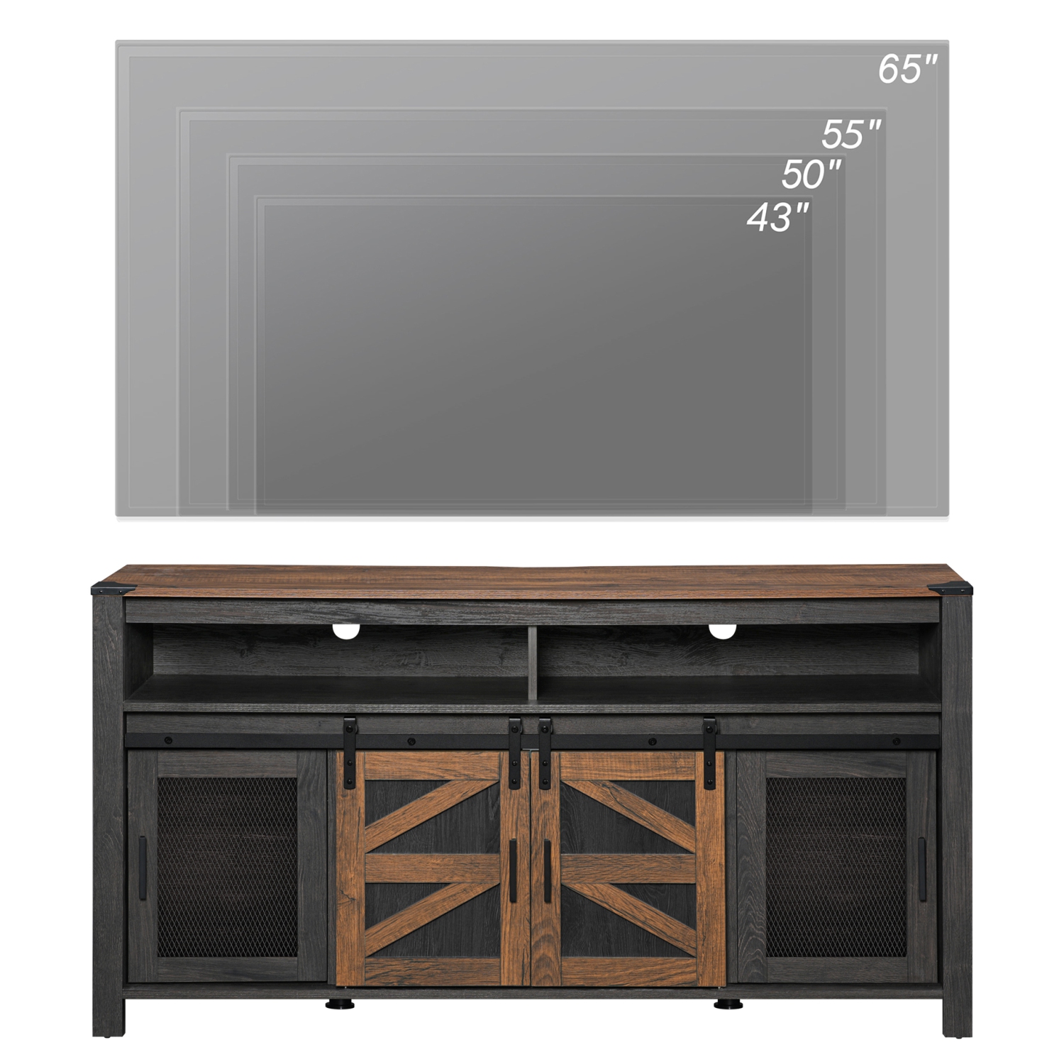 WAMPAT Farmhouse TV Stand for 65 Inch TV, Antique Black & Brown Entertainment Center with Sliding Barn Doors and Mesh Doors, Tall Media Console with