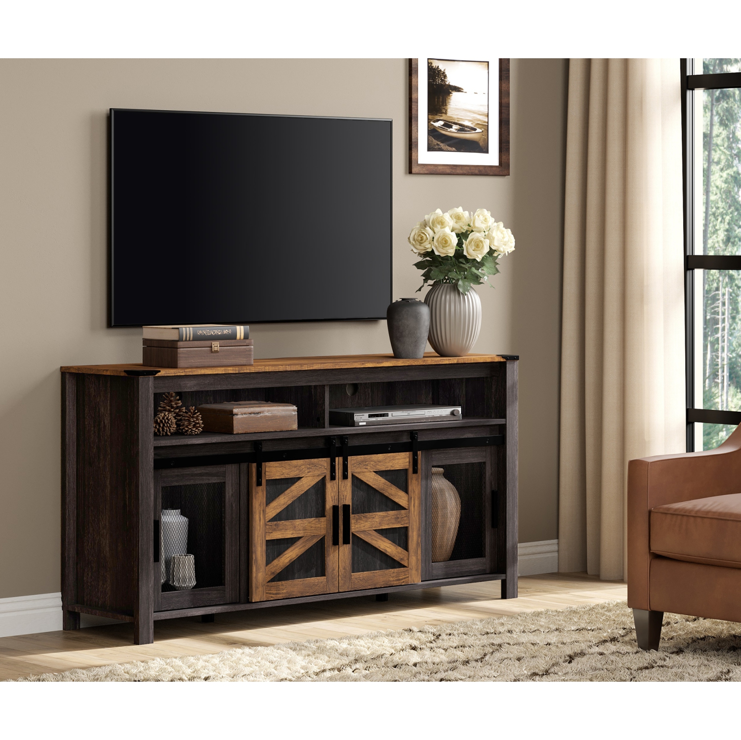 WAMPAT Farmhouse TV Stand for 65 Inch TV, Antique Black & Brown Entertainment Center with Sliding Barn Doors and Mesh Doors, Tall Media Console with