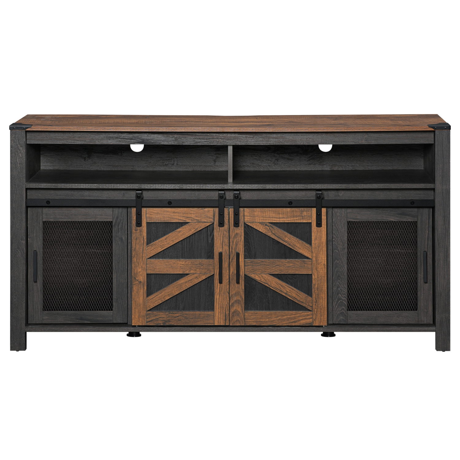 WAMPAT Farmhouse TV Stand for 65 Inch TV, Antique Black & Brown Entertainment Center with Sliding Barn Doors and Mesh Doors, Tall Media Console with