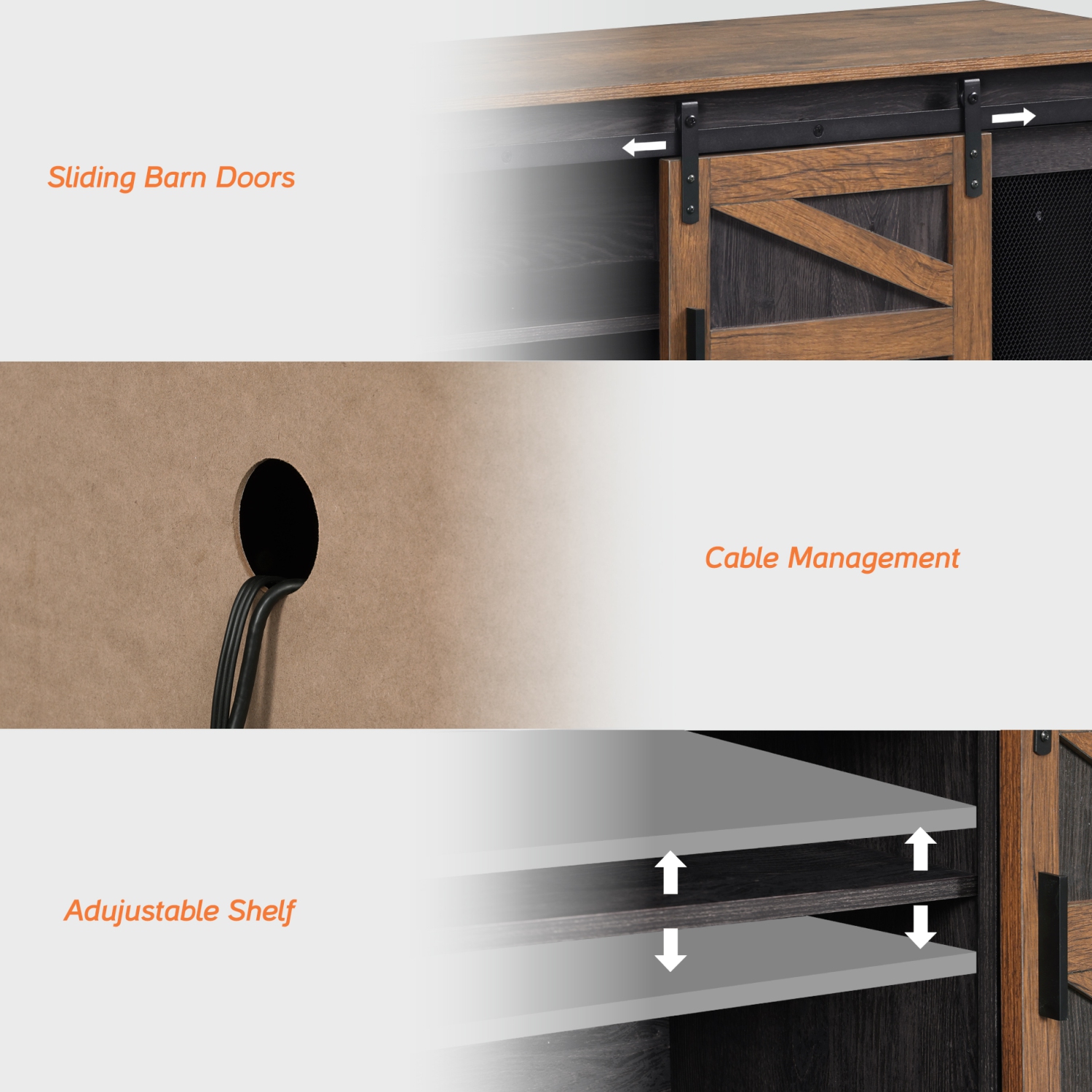 Meuble champêtre pour téléviseur de 75 po, meuble multimédia à porte de grange coulissante avec tablette de rangement pour chambre à