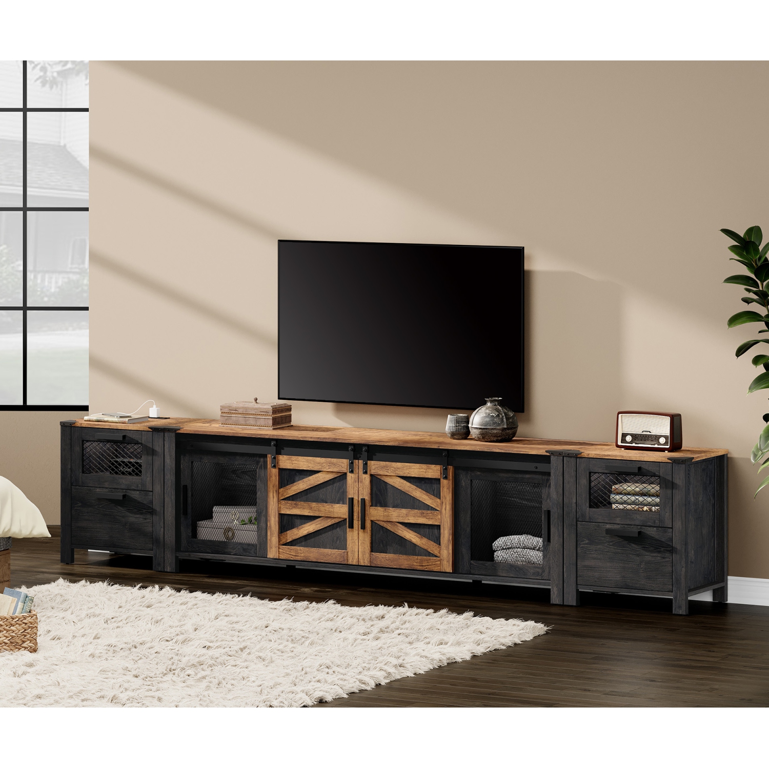 WAMPAT TV Stand Set with Charging Station and Drawers,85 inch Farmhouse Entertainment Center with Sliding Barn Door for Living Room Bedroom, Dark