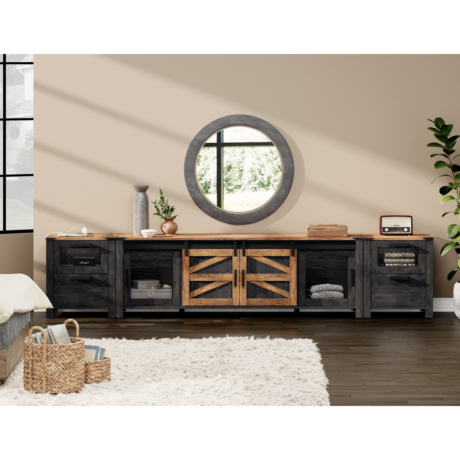 WAMPAT TV Stand Set with Charging Station and Drawers,85 inch Farmhouse Entertainment Center with Sliding Barn Door for Living Room Bedroom, Dark