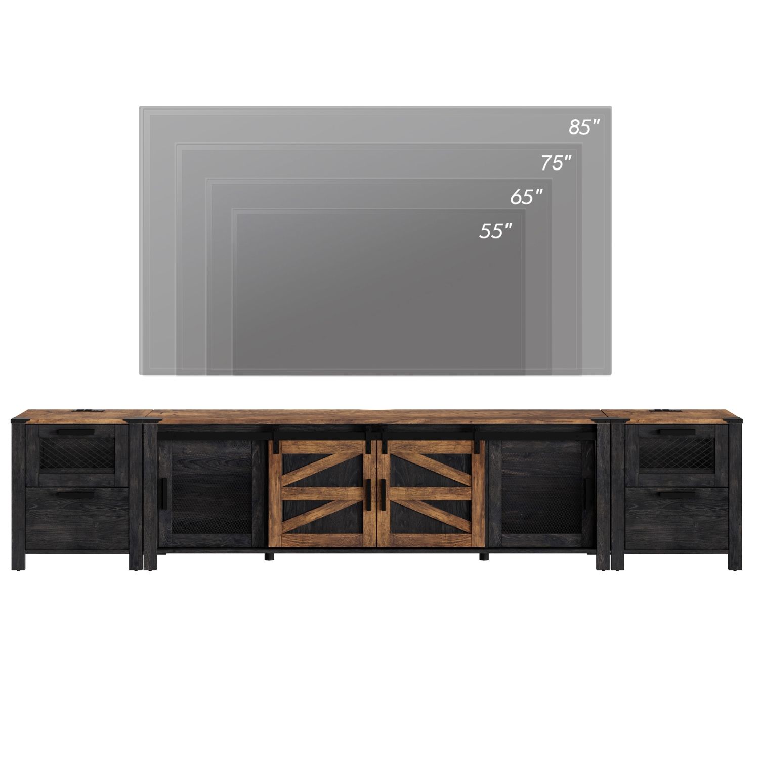 WAMPAT TV Stand Set with Charging Station and Drawers,85 inch Farmhouse Entertainment Center with Sliding Barn Door for Living Room Bedroom, Dark