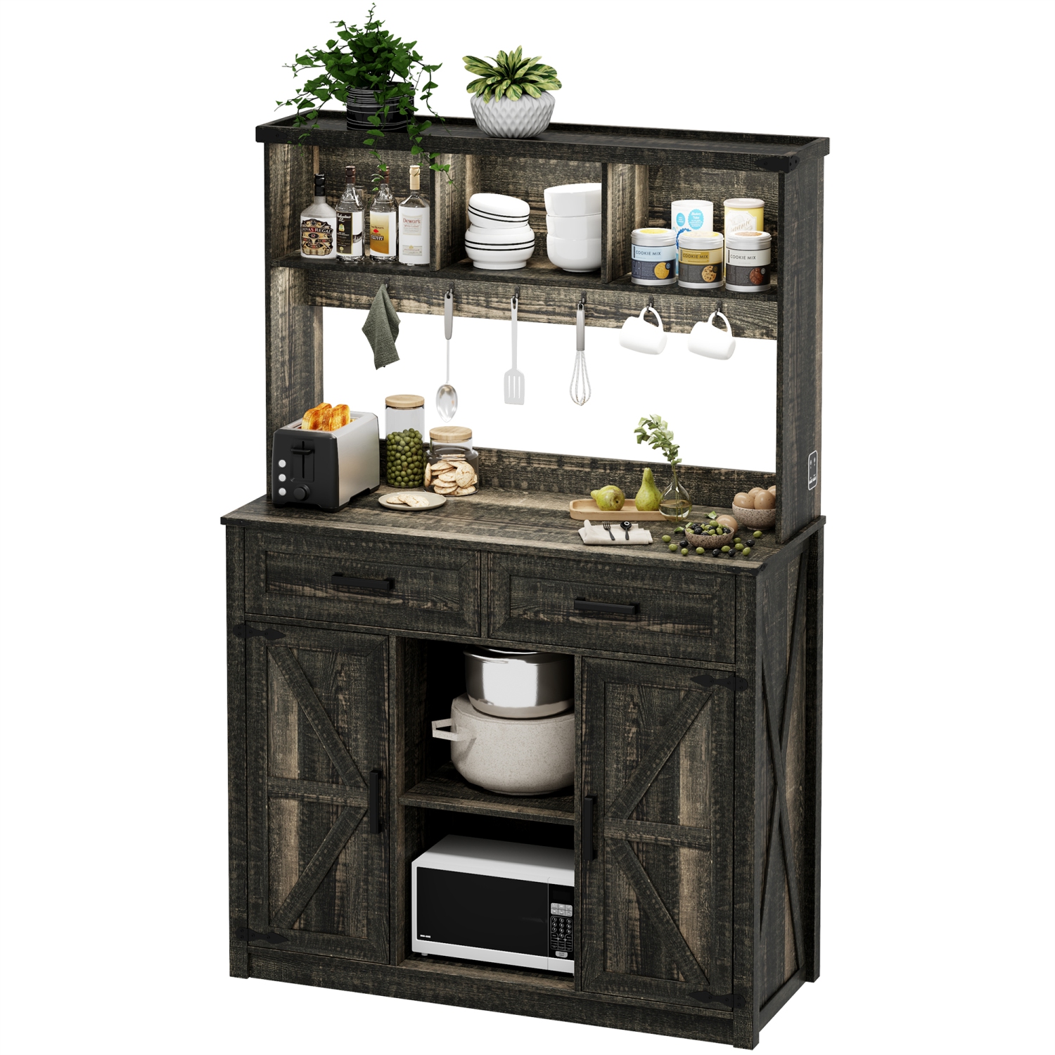 Armoire basse Vlsrka Farmhouse avec rangement&nbsp;: Buffet avec 3 lumières LED de couleur et station de recharge, bahut à porte de grange avec