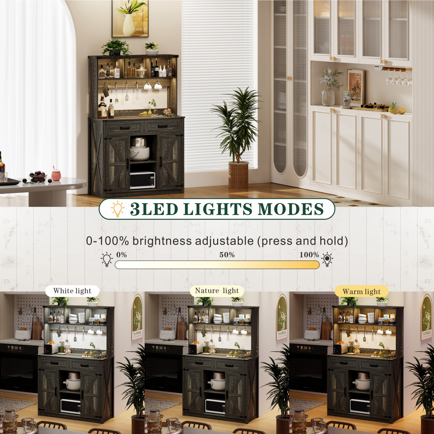 Armoire basse Vlsrka Farmhouse avec rangement : Buffet avec 3 lumières LED de couleur et station de recharge, bahut à porte de grange avec