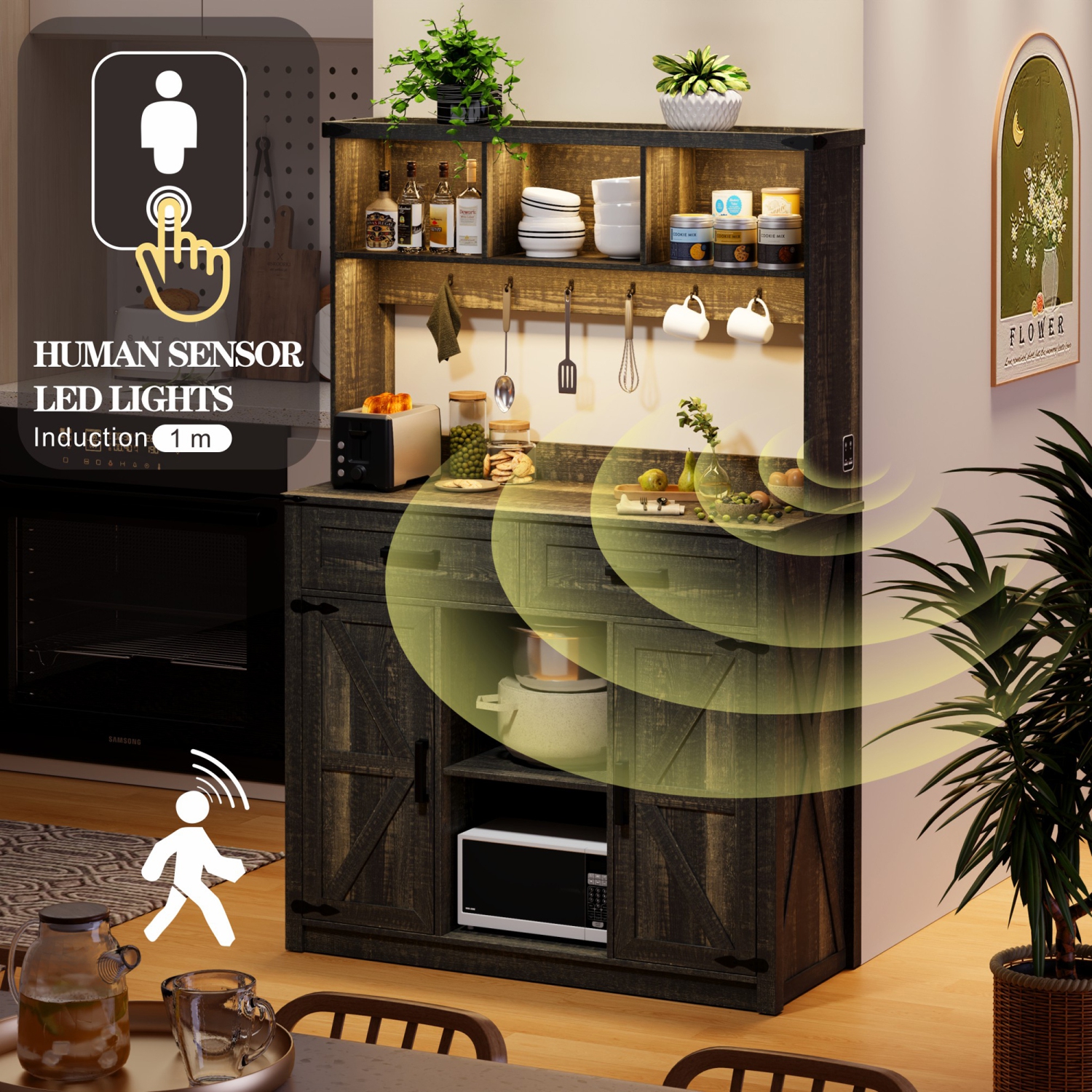 Armoire basse Vlsrka Farmhouse avec rangement : Buffet avec 3 lumières LED de couleur et station de recharge, bahut à porte de grange avec