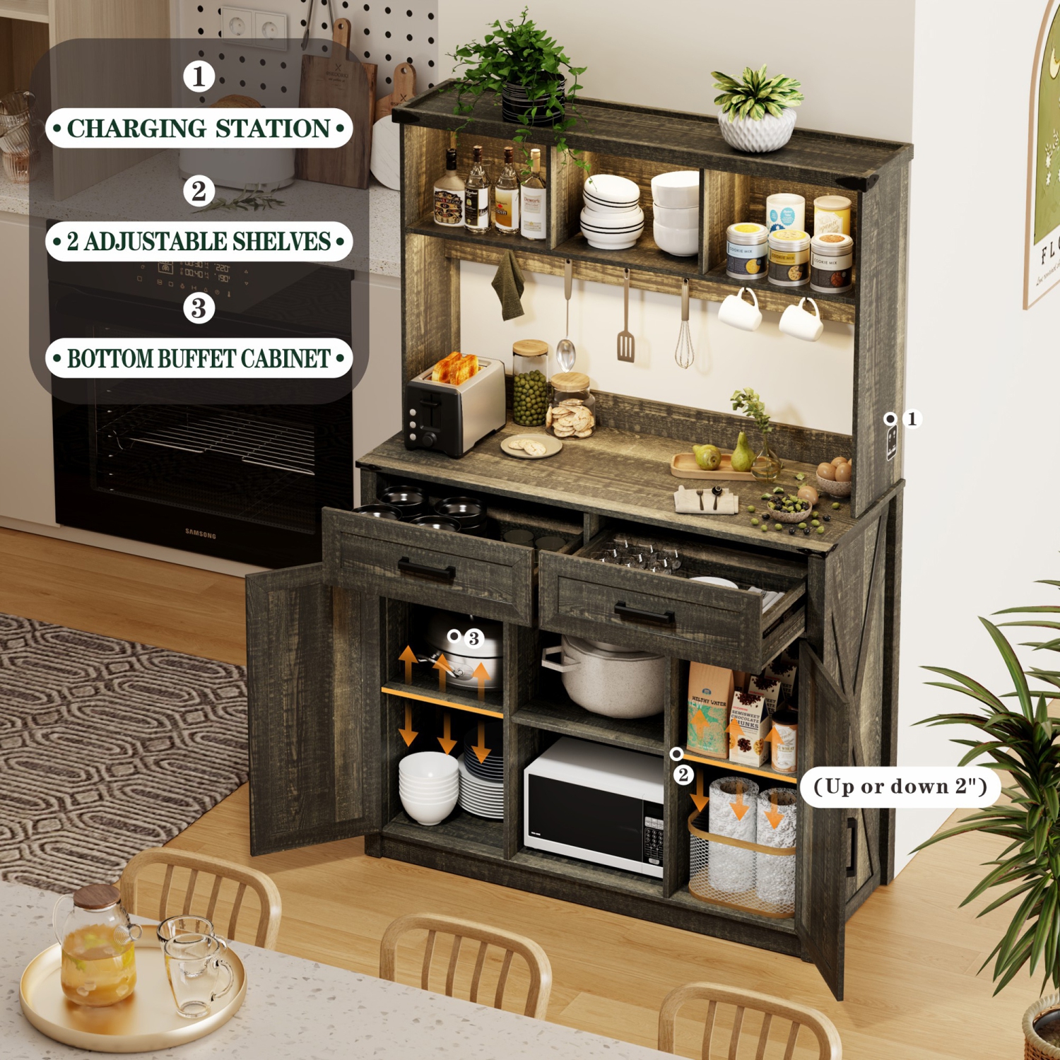 Armoire basse Vlsrka Farmhouse avec rangement : Buffet avec 3 lumières LED de couleur et station de recharge, bahut à porte de grange avec