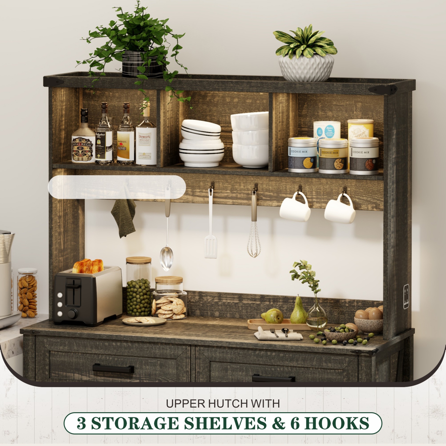 Armoire basse Vlsrka Farmhouse avec rangement : Buffet avec 3 lumières LED de couleur et station de recharge, bahut à porte de grange avec