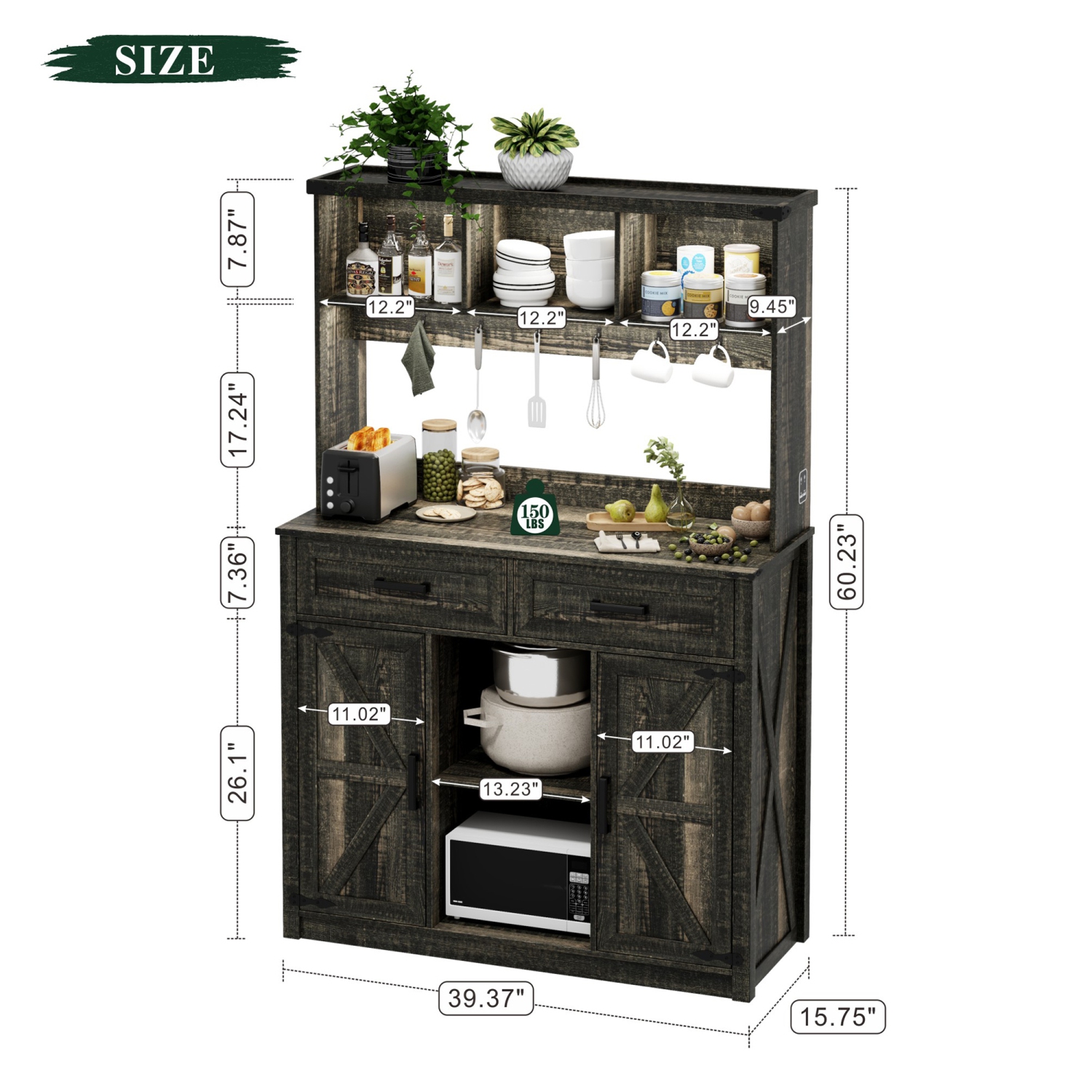 Armoire basse Vlsrka Farmhouse avec rangement : Buffet avec 3 lumières LED de couleur et station de recharge, bahut à porte de grange avec