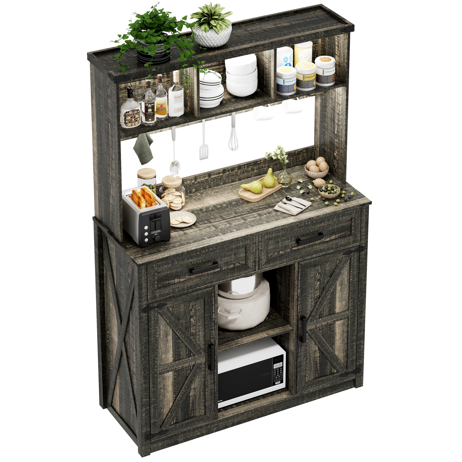 Armoire basse Vlsrka Farmhouse avec rangement : Buffet avec 3 lumières LED de couleur et station de recharge, bahut à porte de grange avec