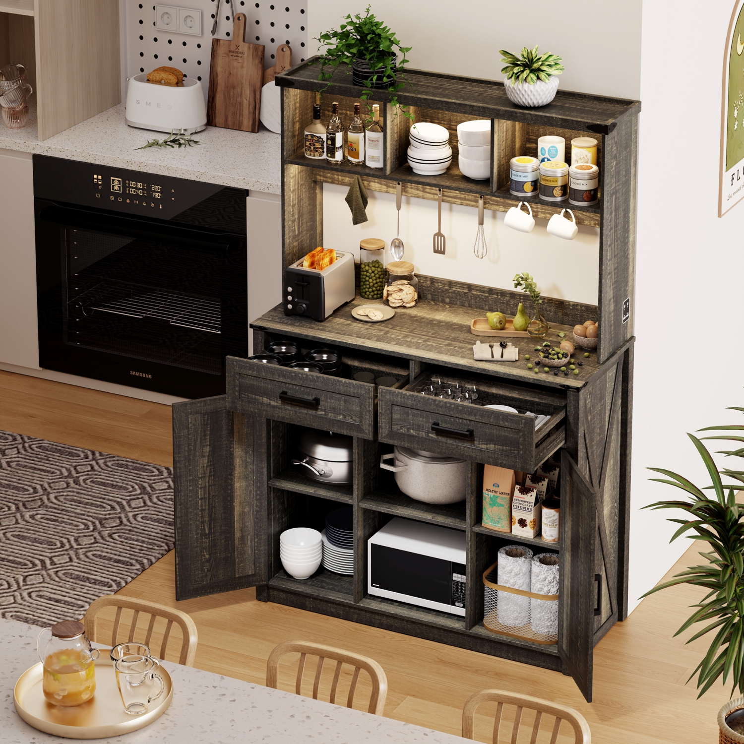 Armoire basse Vlsrka Farmhouse avec rangement : Buffet avec 3 lumières LED de couleur et station de recharge, bahut à porte de grange avec