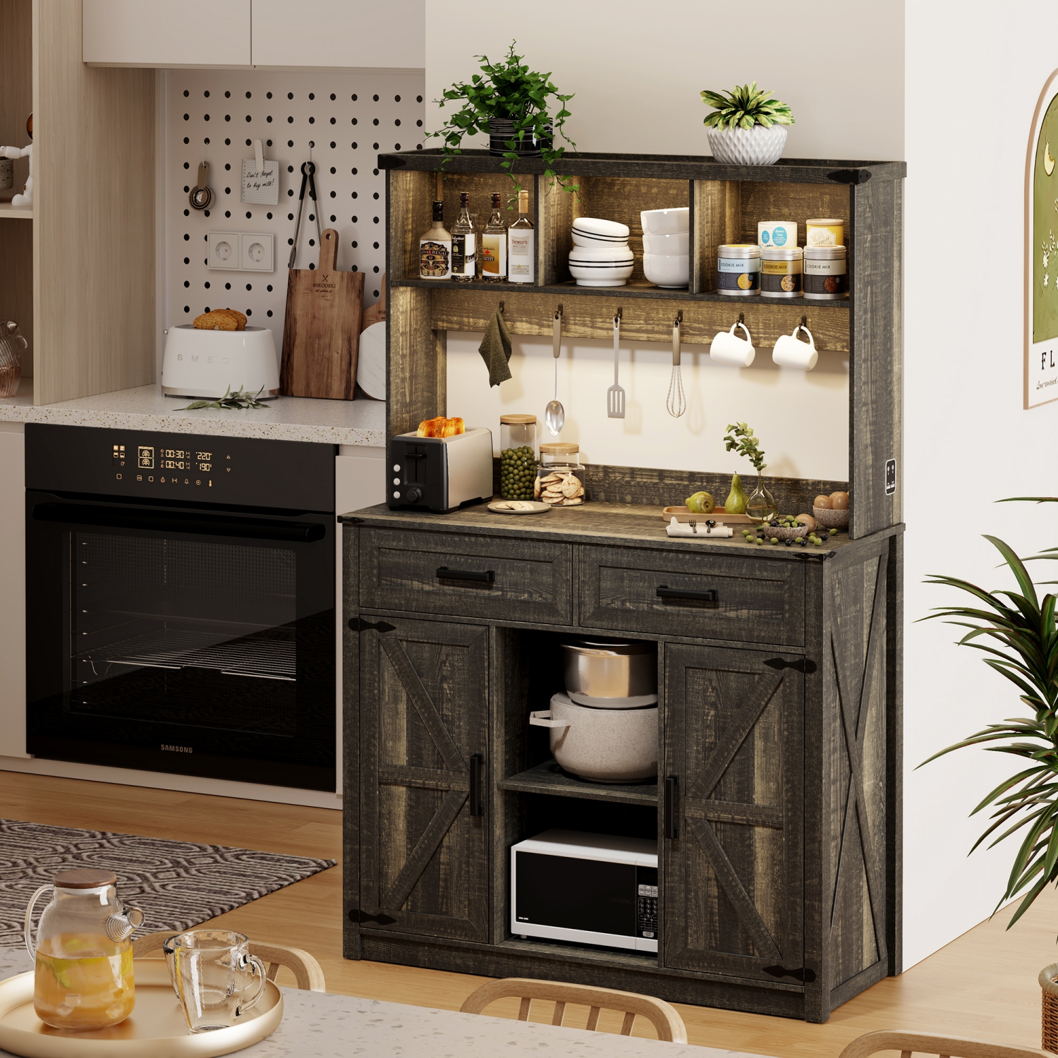 Armoire basse Vlsrka Farmhouse avec rangement : Buffet avec 3 lumières LED de couleur et station de recharge, bahut à porte de grange avec