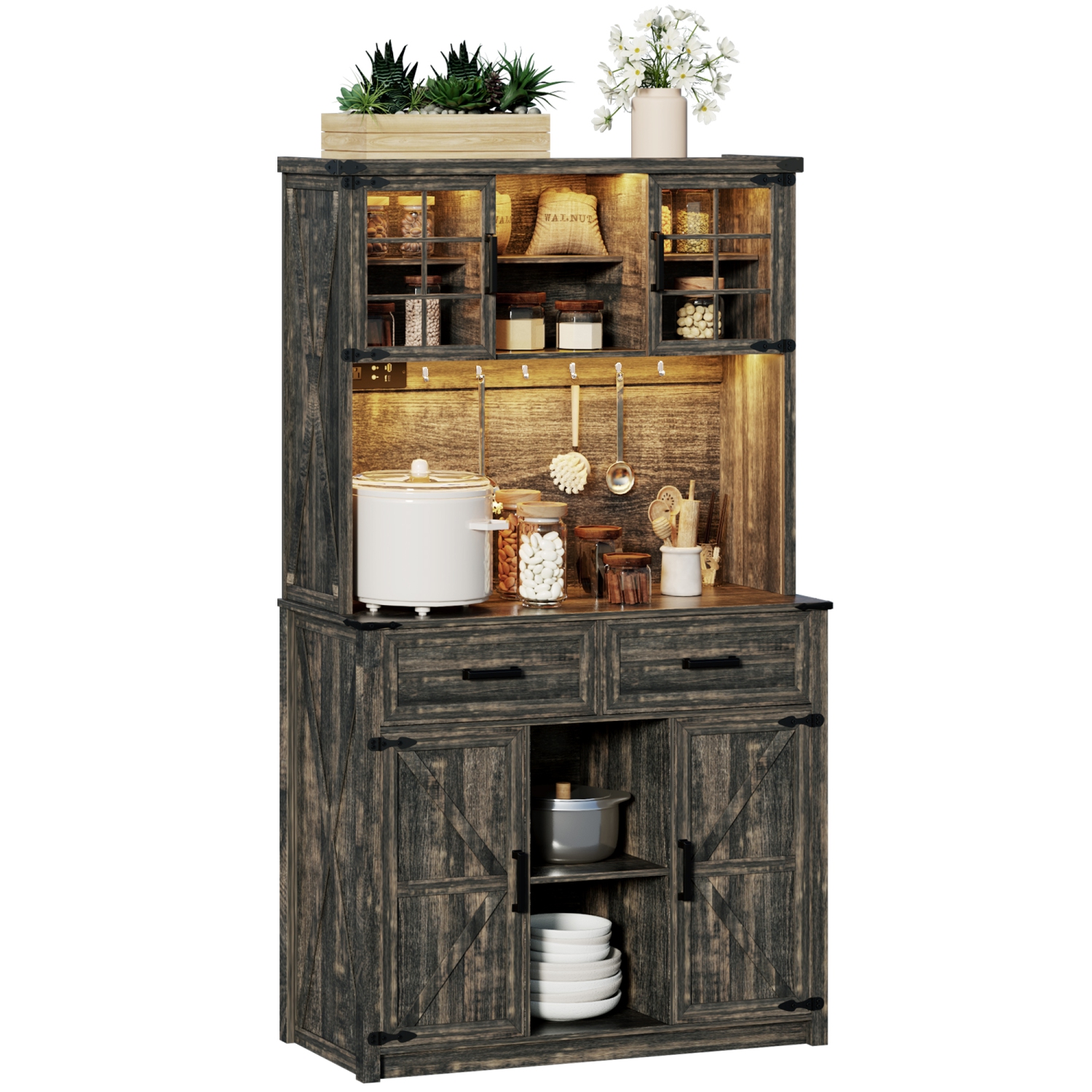 Vlsrka 67 " Farmhosue Bar Cabinet with LED Lights & Power Outlets, Large Kitchen Buffet with Hutch & 2 Large Drawers, 8 Storage Shelves, Rustic