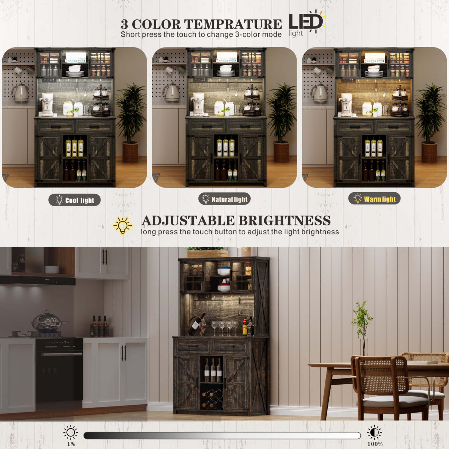 Vlsrka 67 " Farmhosue Bar Cabinet with LED Lights & Power Outlets, Large Kitchen Buffet with Hutch & 2 Large Drawers, 8 Storage Shelves, Rustic