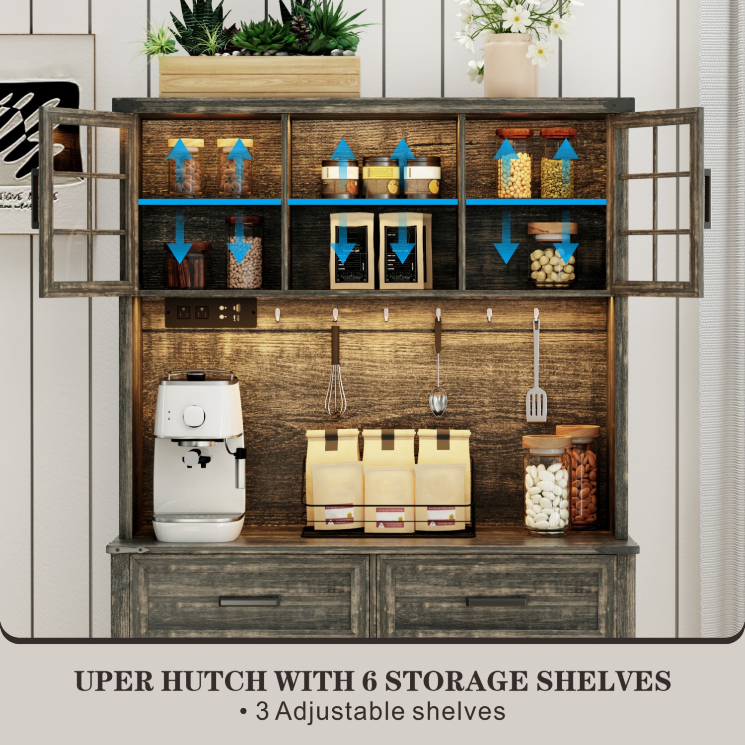 Vlsrka 67 " Farmhosue Bar Cabinet with LED Lights & Power Outlets, Large Kitchen Buffet with Hutch & 2 Large Drawers, 8 Storage Shelves, Rustic