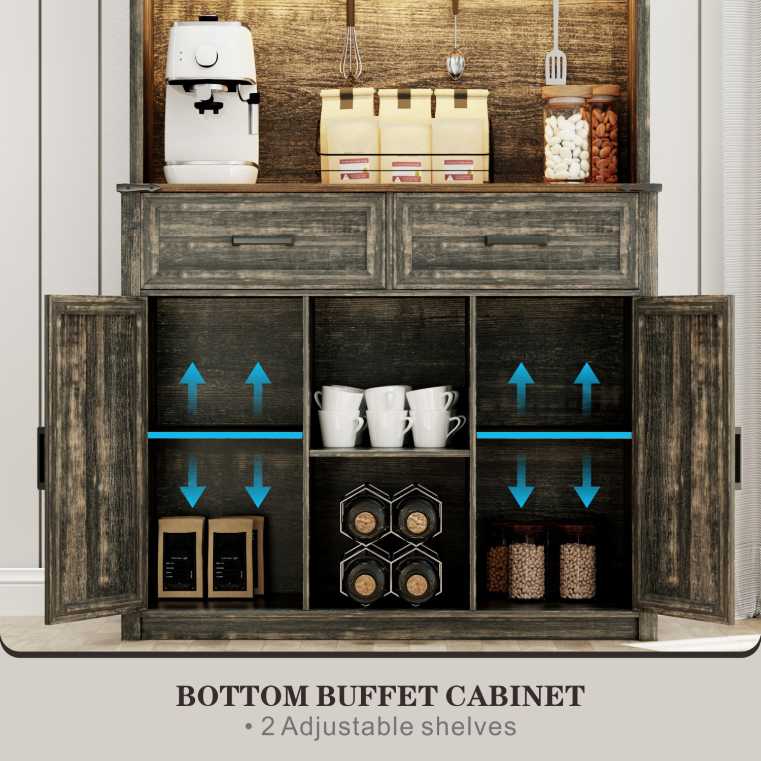 Vlsrka 67 " Farmhosue Bar Cabinet with LED Lights & Power Outlets, Large Kitchen Buffet with Hutch & 2 Large Drawers, 8 Storage Shelves, Rustic